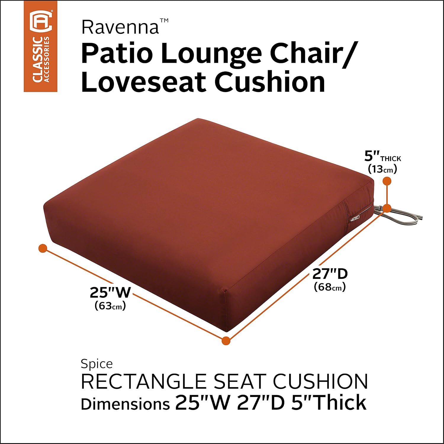 Classic Accessories Ravenna Water-Resistant Patio Lounge Chair/Loveseat Cushion, 25 x 27 x 5 Inch, Spice, Rectangle Outdoor Seat Cushion image 2