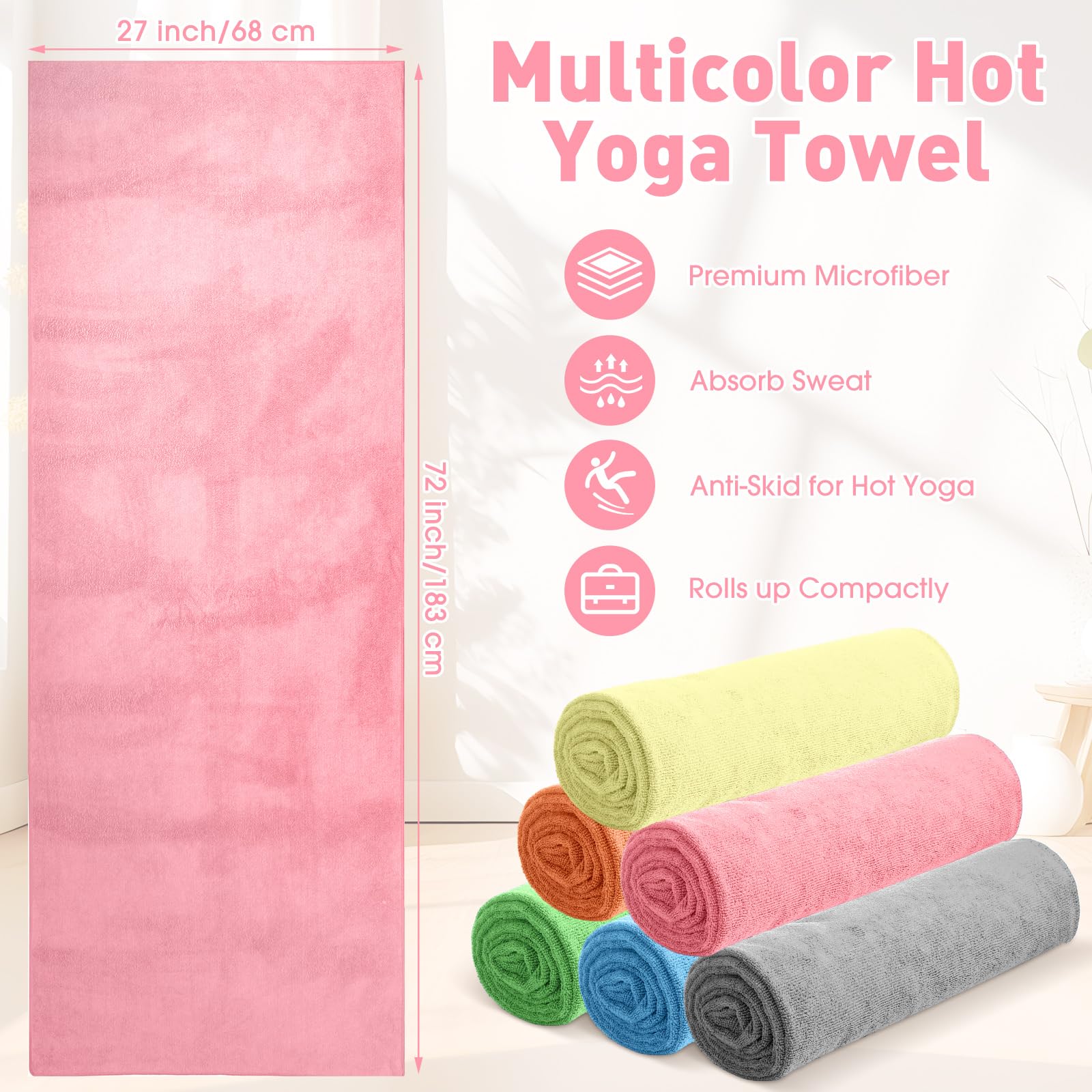 Breling 6 toallas de yoga calientes a granel, antideslizantes, absorbentes, multicolor, absorbentes, para pilates y pilates, para mujeres y hombres, 27 x 72 pulgadas (multicolor)