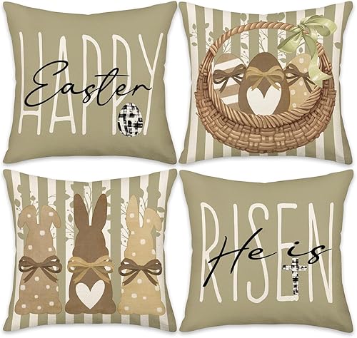 Juego de 4 fundas de almohada de Pascua de 22 x 22 pulgadas, decoraciones de Pascua para primavera de granja He is Risen, almohadas decorativas de