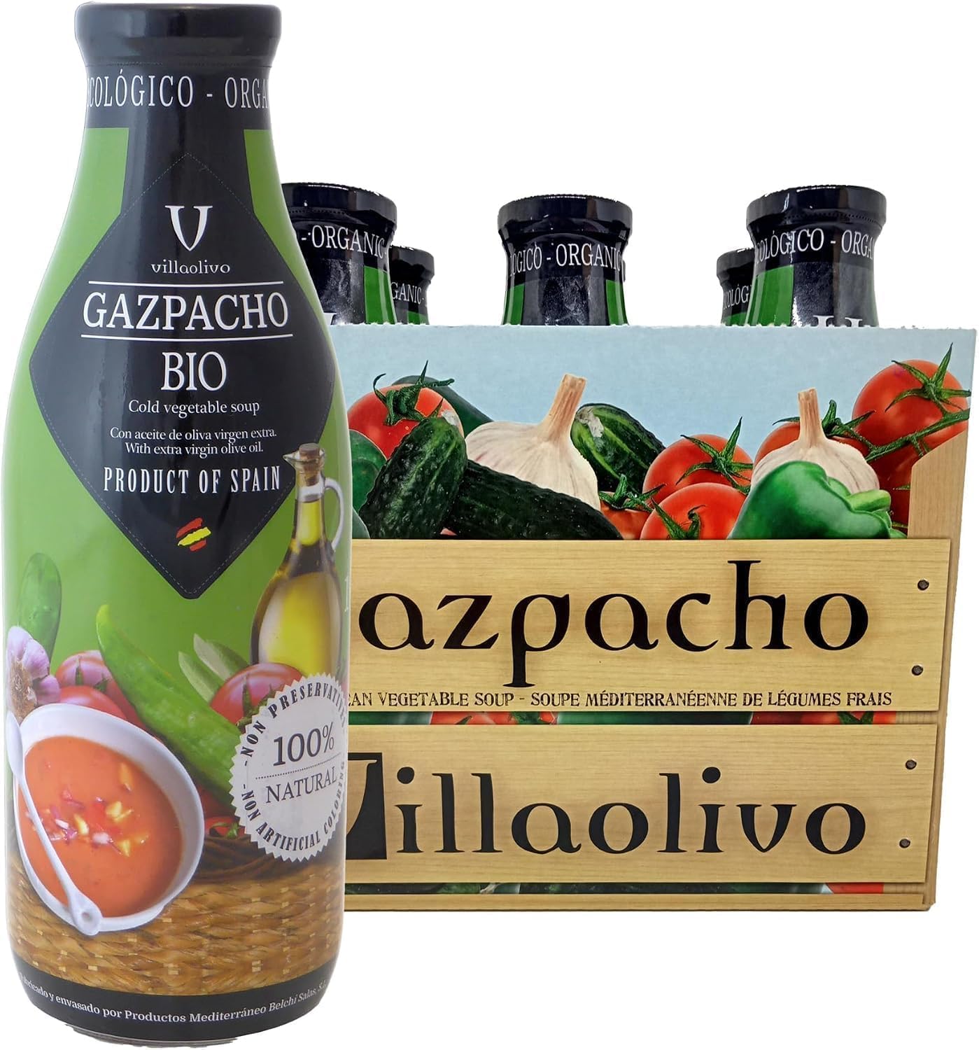 Villaolivo - Gazpacho Ecológico 1L | Pack 6 Botellas en Cristal | Receta Tradicional, 100% Natural y Sin Conservantes