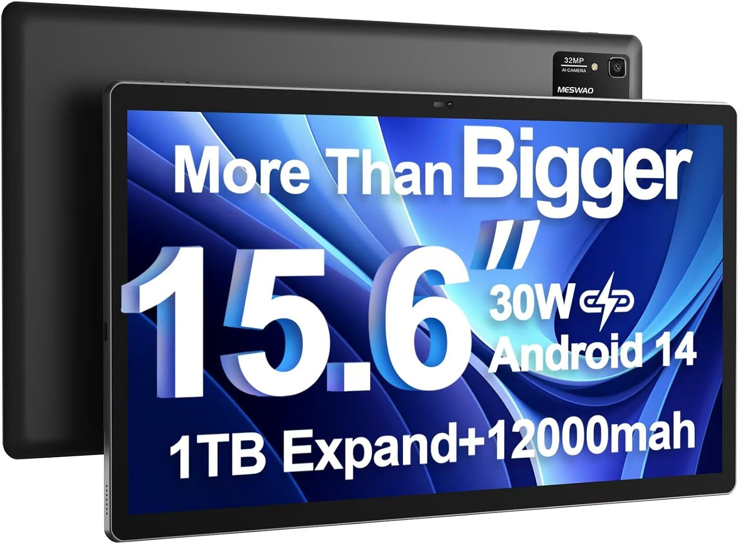 MESWAO 15.6 inch Android 14 Tablet Pro, front and back view