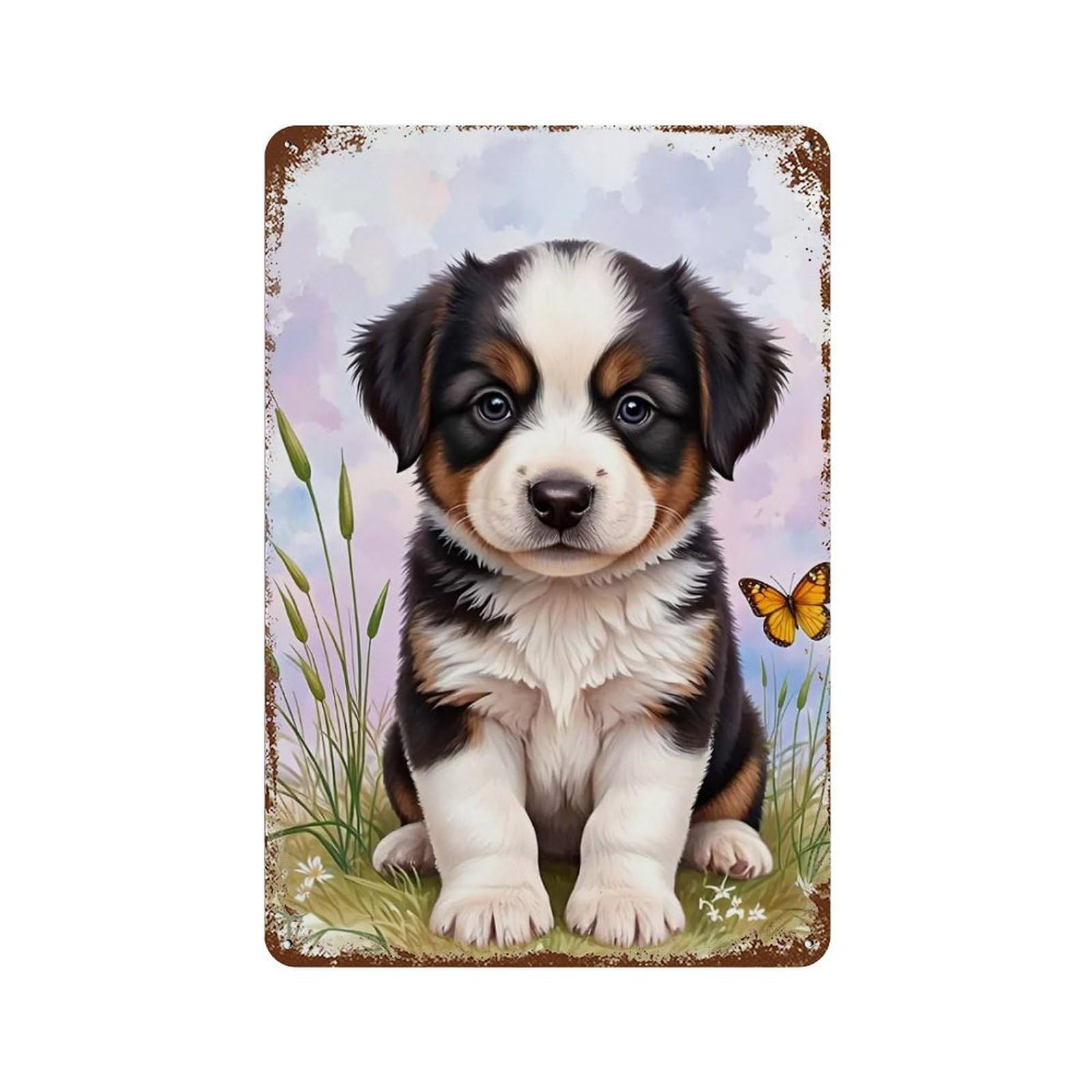 Cute Puppy with Butterfly Rusty Metal Tin Sign 11.8"x7.9", Vintage Wall Decor for Garage, Pub Or Kitchen