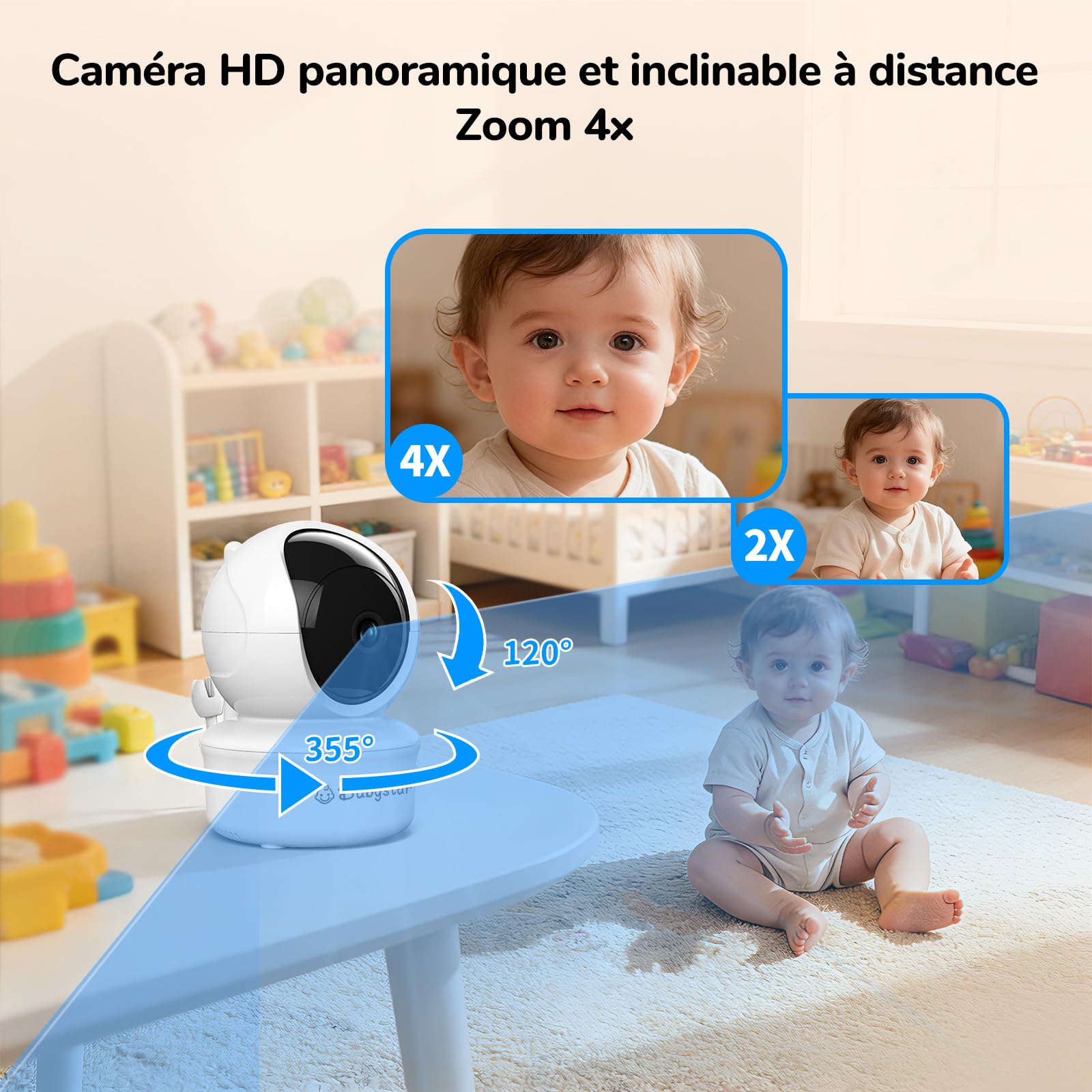 Babystar Babyphone avec caméra Écran 5 Pouces HD 720P Moniteur bébé sans WLAN, Batterie 4000mAh, Rotation de 355° Camera Bébé, Vision Nocturne, VOX, Température, Talkie-Walkie, 8 Berceuses - 3