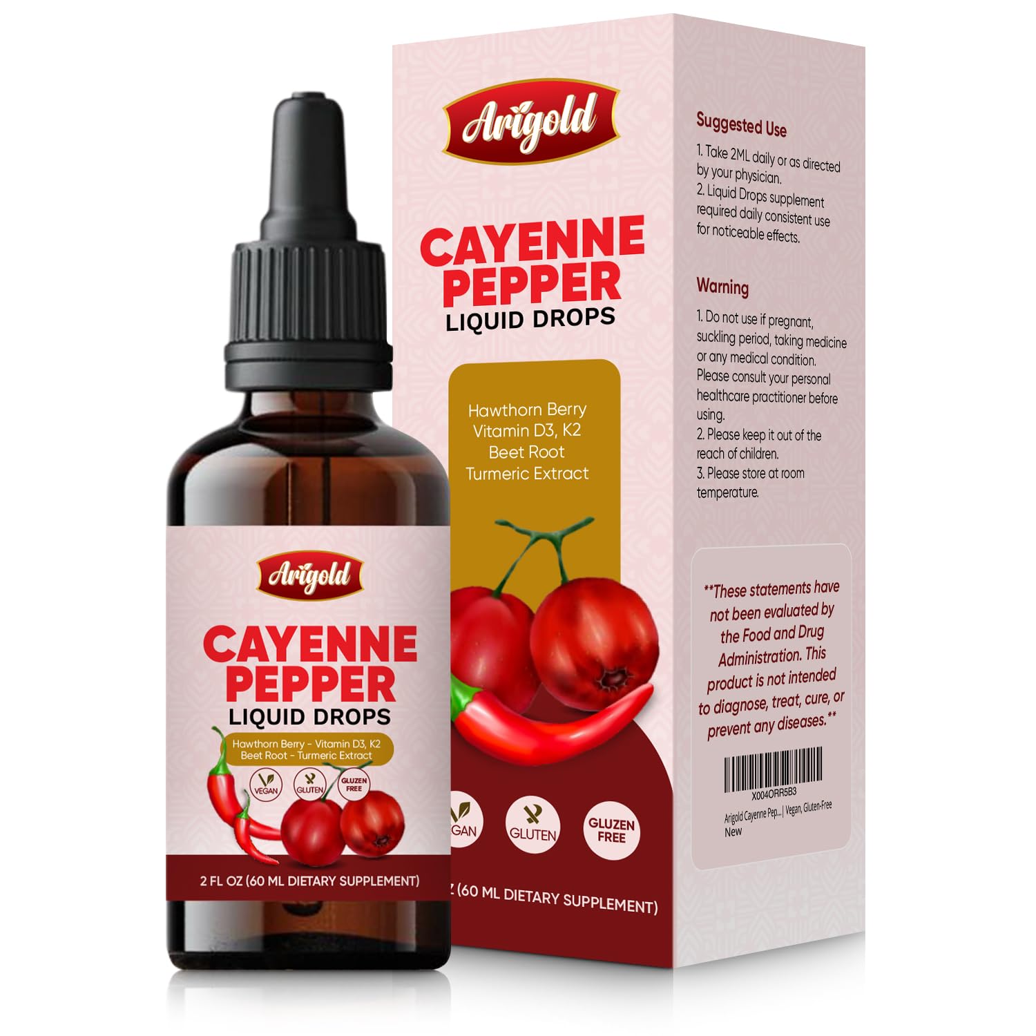 Arigold Suplemento Fitoterápico Líquido de Pimenta-Caiena com Hawthorn Berry, Beterraba, Cúrcuma, Vitaminas D3 e K2, Canela-do-Ceilão, Berberina e Ginseng, 60 ml