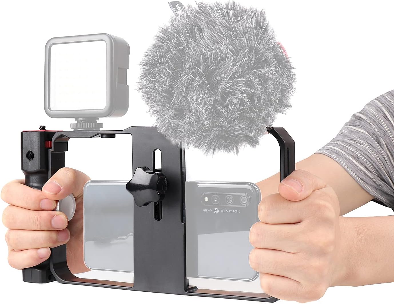 FocusFoto Pro Smartphone Video Rig Filmmaking Recording Vlogging Handheld Cage Handle Grip Stabilizer with Triple Cold Shoe Mount, fit for iPhone 12 Pro Max XS X 8 7 6 Plus OnePlus Samsung