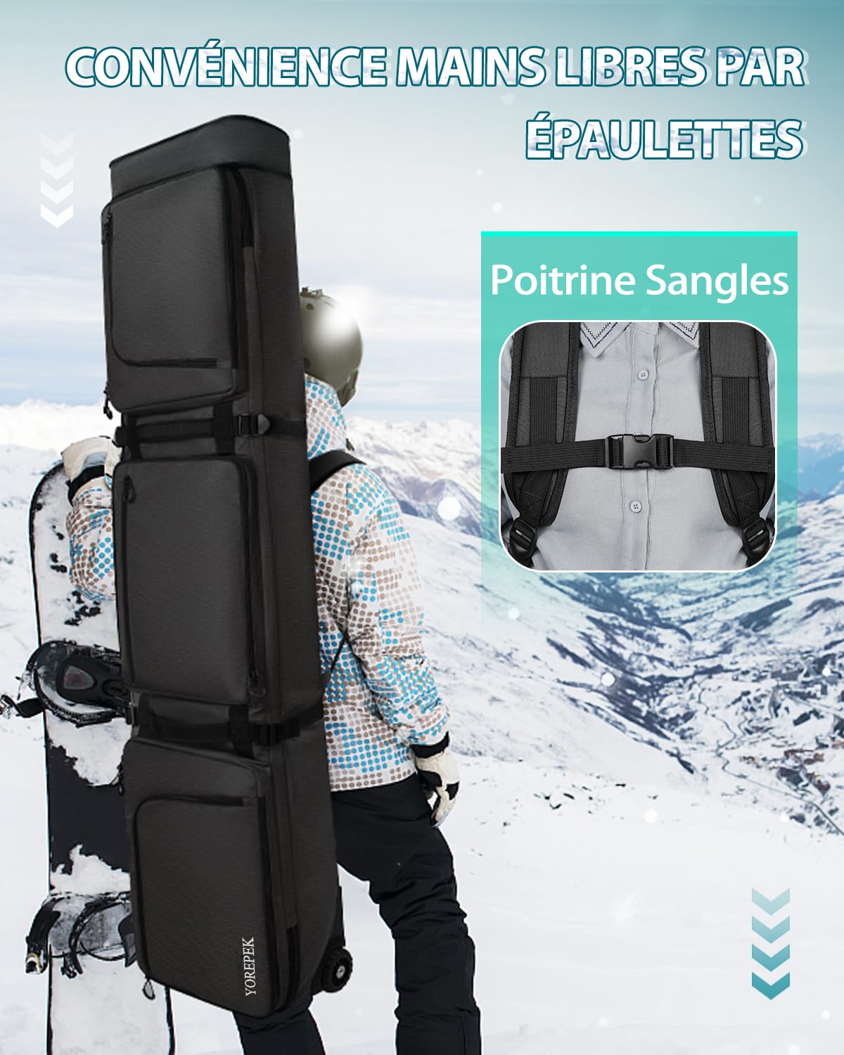 YOREPEK Housse Snowboard avec roulettes, Housse de Snowboard Longueur jusqu'à 160-175 cm, Sac Ski Extensible avec 6 Poches, Imperméable Sac de Ski Homme Femme Adulte Jeune, Cadeau, Noir，Cyan