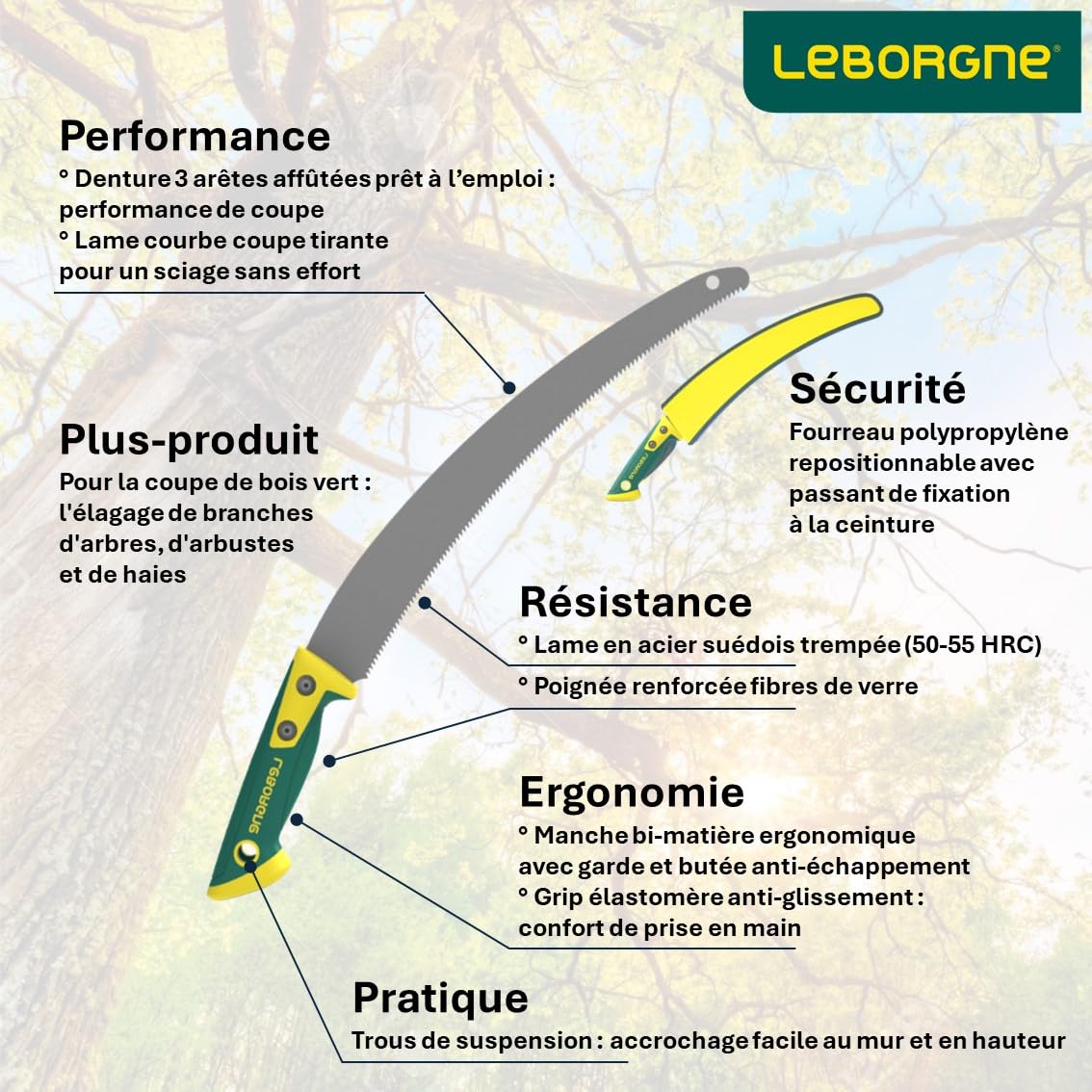 Leborgne, Scie Arboricole 35 cm Duopro, Scie à élaguer avec Manche Bi-Matière Ergonomique + Fourreau de Protection, Outil de Jardinage Idéal pour Élagage et Taillage des Arbres et Arbustes