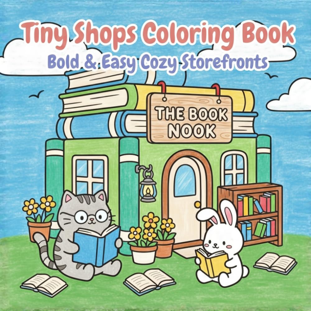 Tiny Shops Coloring Book: Bold and Easy Cozy Storefronts for Kids, Teens, and Adults: Cute Shop Scenes, Kawaii Animal Stores, and Relaxing Simple Coloring Pages (Kawaii Cozy Coloring Books)