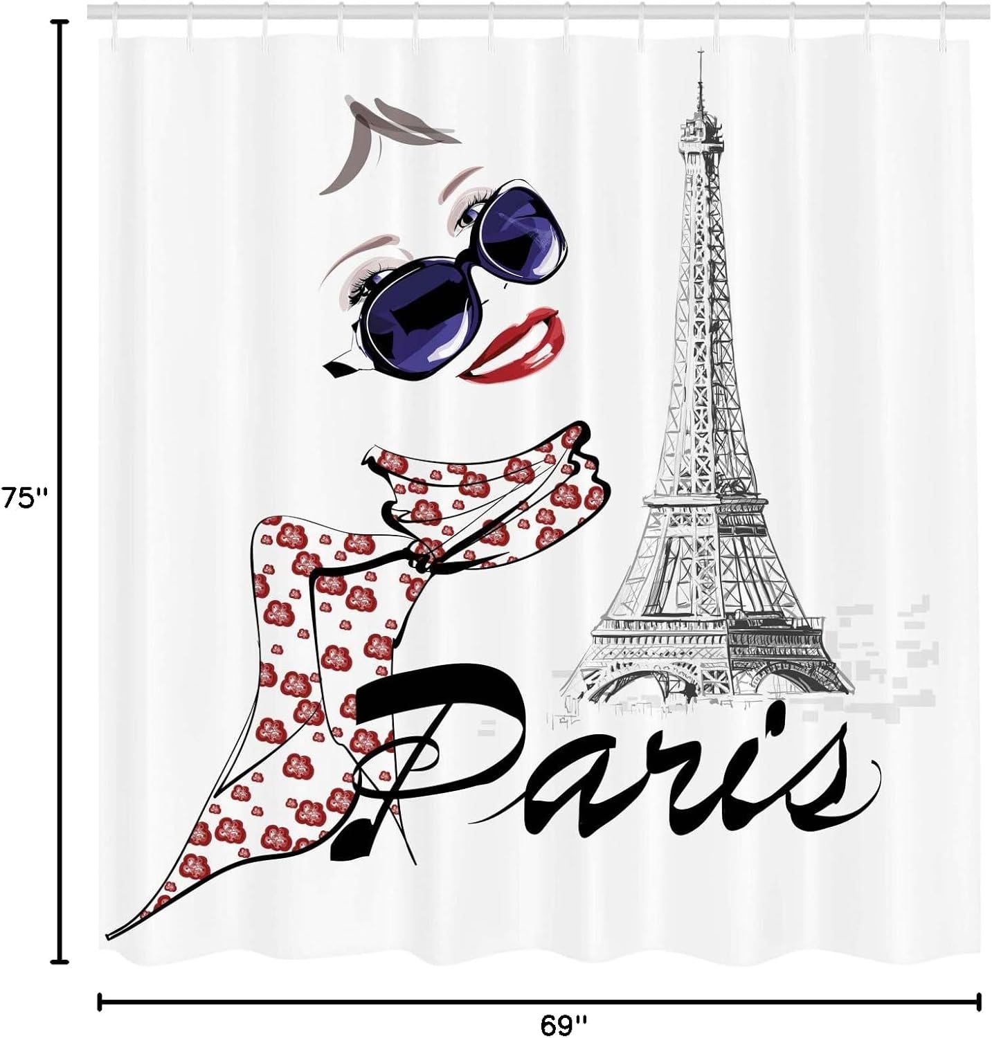 Ambesonne Paris Shower Curtain, Sketchy Image of a Woman Smiling with Scarf and Landmark Eiffel Tower, Cloth Fabric Bathroom Decor Set with Hooks, 69" W x 75" L, Blue Black