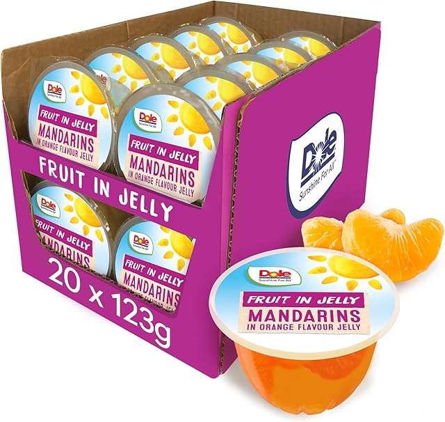 Dole Mandarin in Orange Jelly Fruit Pots 20 x 123g, Healthy Snack Made with Fresh Fruit, No Added Sugar Fruit Bowls, Perfect for Breakfast & Dessert or Adding to Recipes