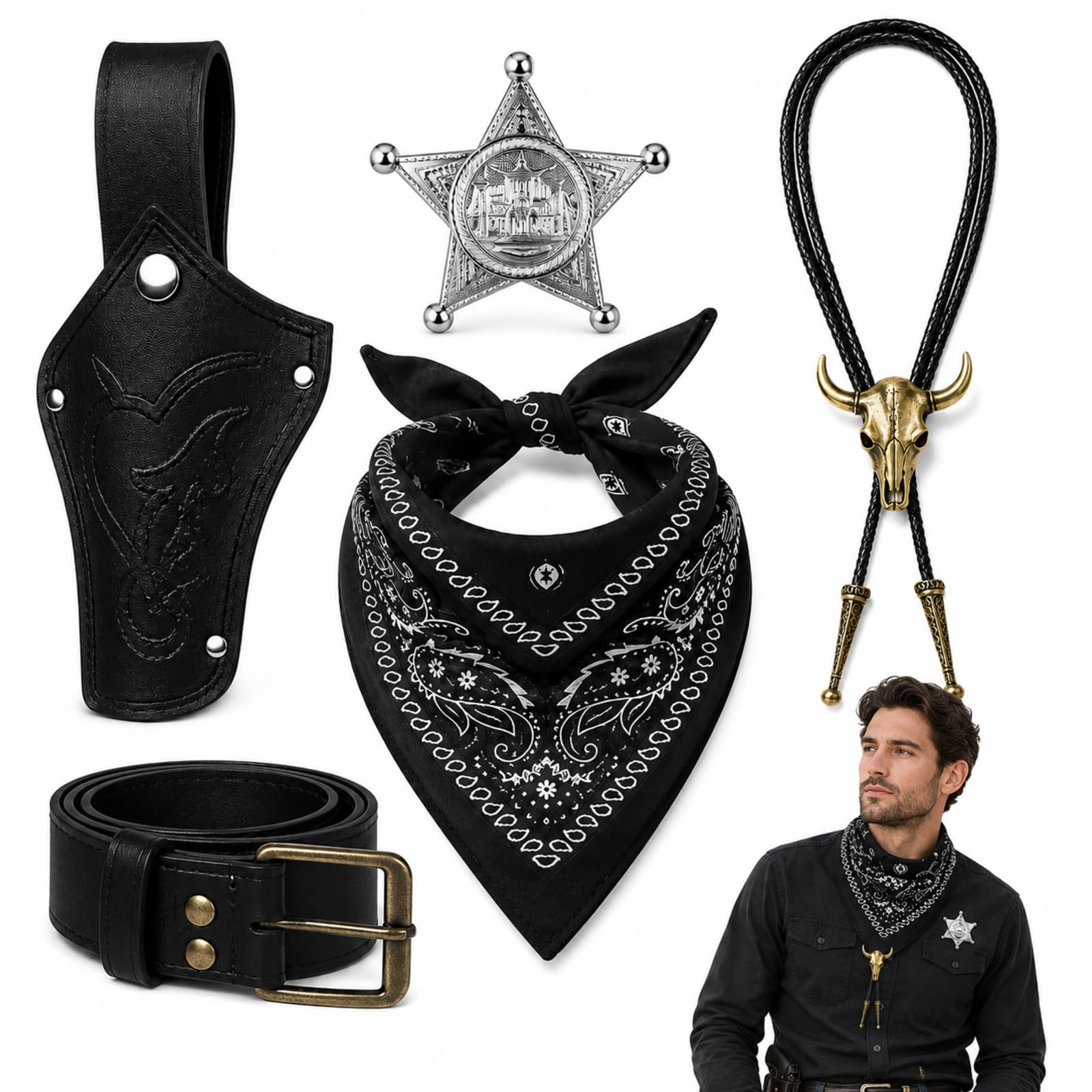 TUBAWD 5PCS Western Costume Set Belt Holster Badge Scarf Necklace — image 1