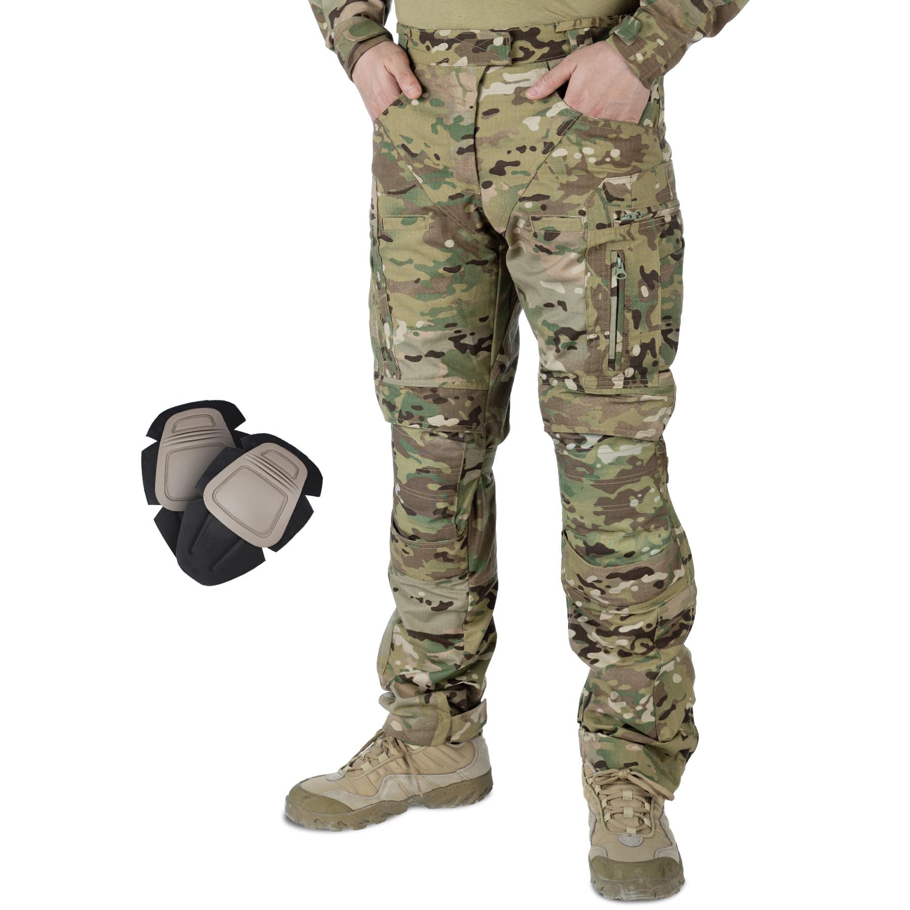 IDOGEAR OUTDOOR Men’s Combat Pants Tactical Camo Pants with Hidden Knee Pads for Paintball Airsoft Milsim Apparel Multi-Pockets Ripstop Trouser(camo,34W x 32L)
