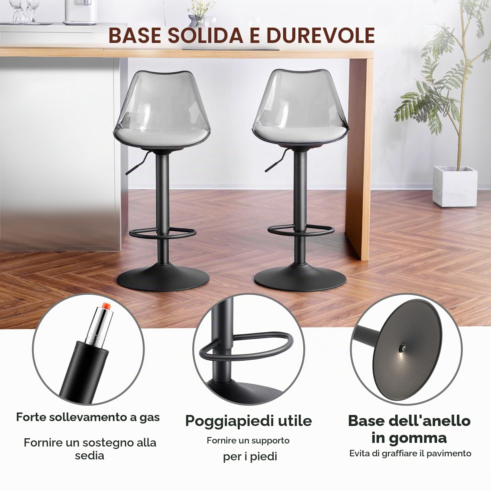 SEPNINE Sgabelli Cucina Set di 4, Sgabelli da Bar Moderni Design, Sgabello Alto con Schienale Trasparente, Sgabello Cucina Regolabile in Altezza per Sala da Pranzo, Bar Nero/Grigio