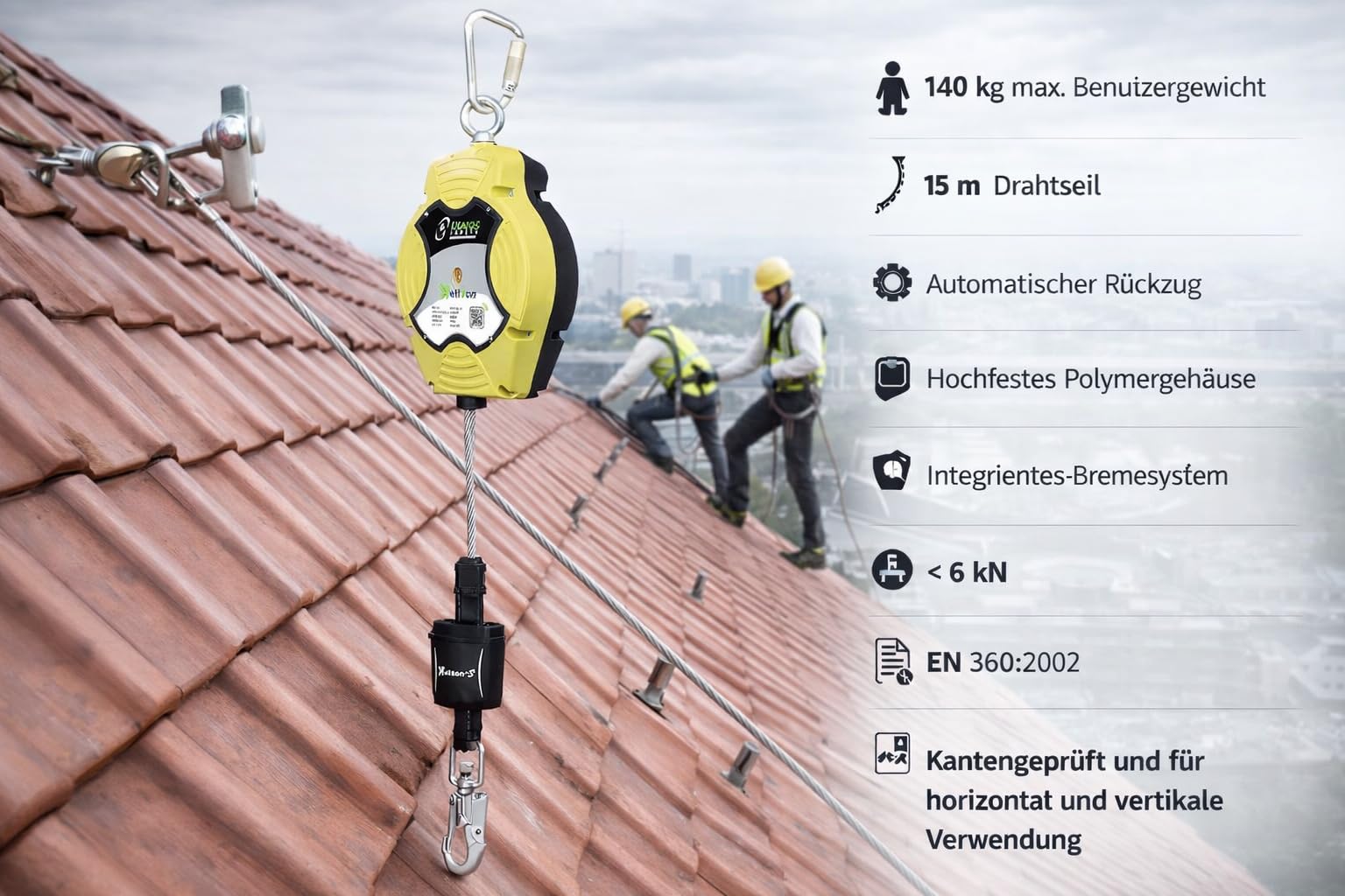 KRATOS SAFETY - HELIXON-S câble, antichute à rappel automatique 15 m, utilisation verticale et horizontale