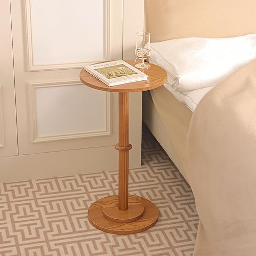 Miniatura 7 de MaxSmeo Mesa de bebidas, mesa auxiliar pequeña para espacios pequeños, mesa auxiliar redonda moderna con patas de madera acanalada, color marrón