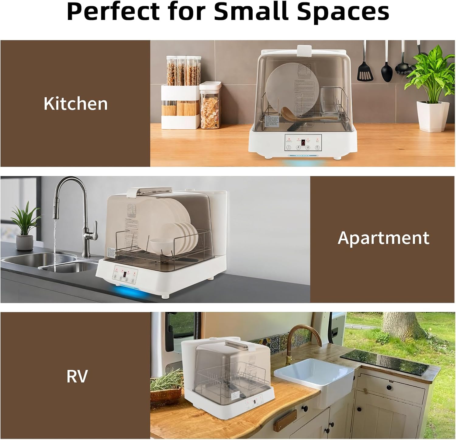 Bacocoo Portable Countertop Dishwasher with See-Through Lid,4-5 Place Settings,Automatic Dishwashing with 6L Built-in Water Tank for Apartments, Dorms, RVs. (White & Brown)