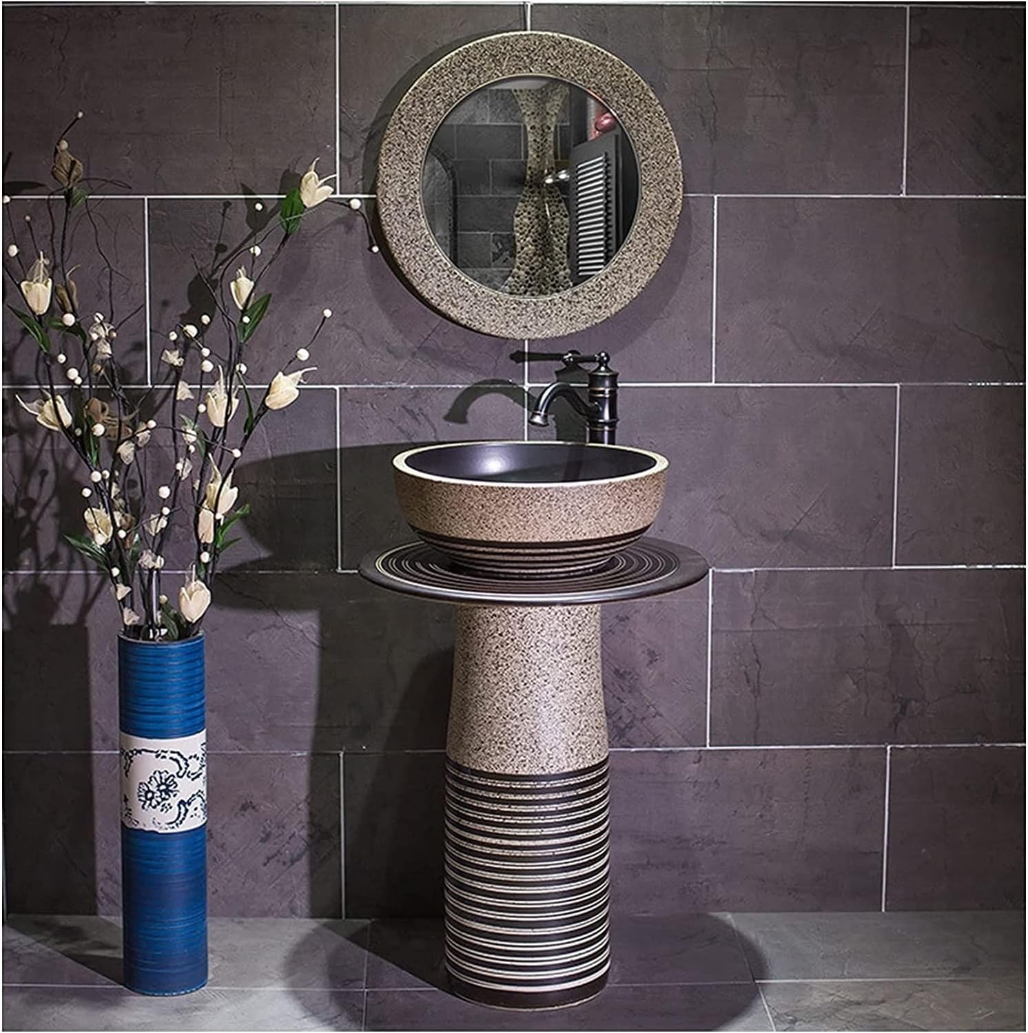 Freestanding Pedestal Sink Hotel Art Basin, Oval Bathroom Basin Sink, Ceramic and Lavatory for Indoor Outdoor