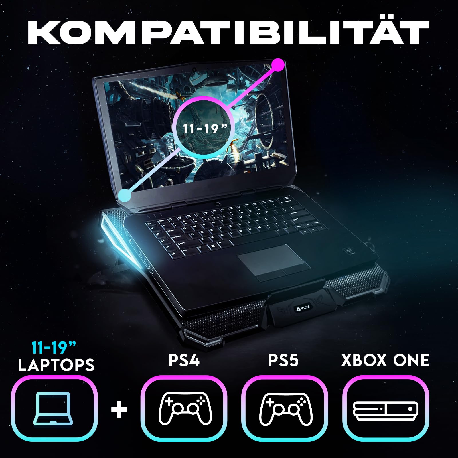 KLIM Cyclone - Laptop Kühler - NEU - Ständer - Maximale Kühlung - Verhindere Ãœberhitzung - Schütze Dein Laptop - 5 Lüfter 2200 & 1200 RPM - Cooling Pad für Computer PS5 PS4 Xbox One - Blau