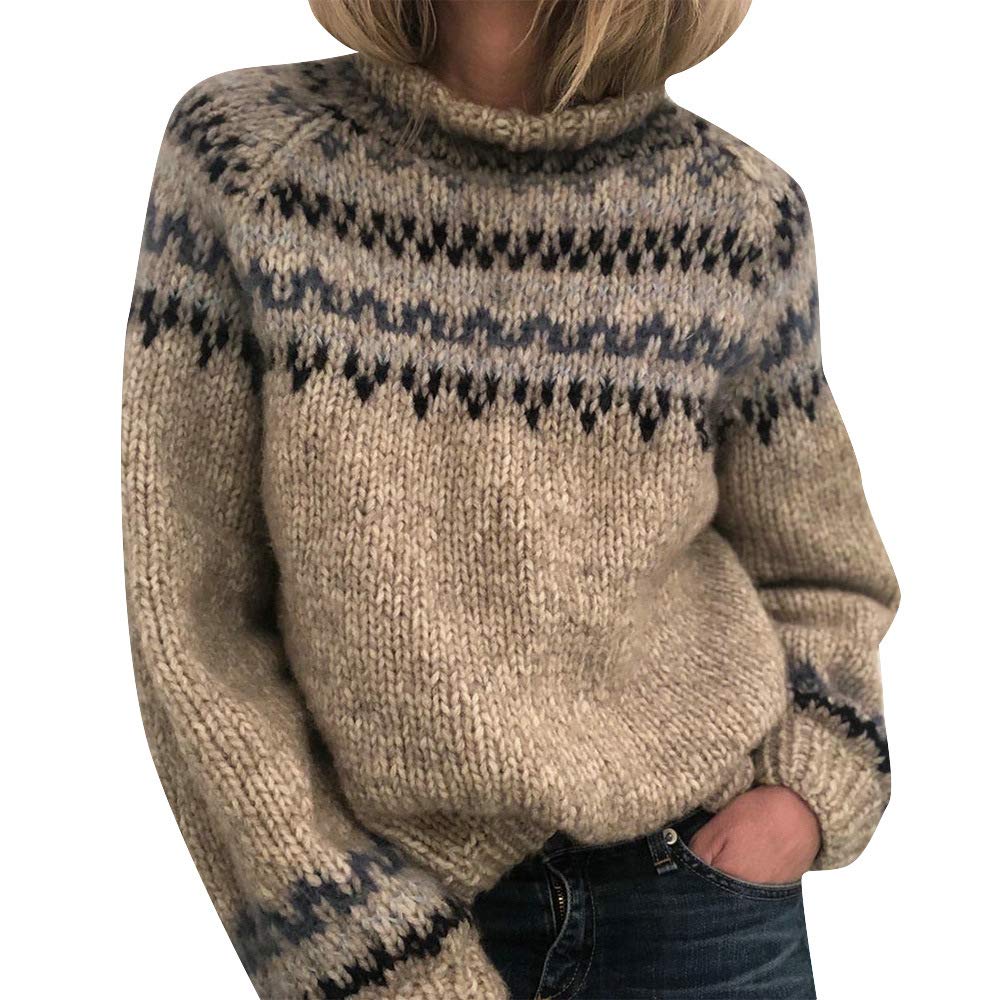Womens Retro Knitted Fair Isle Print Long Sleeve Sweater Fall Winter Oversized Mock Neck Pullover Tops