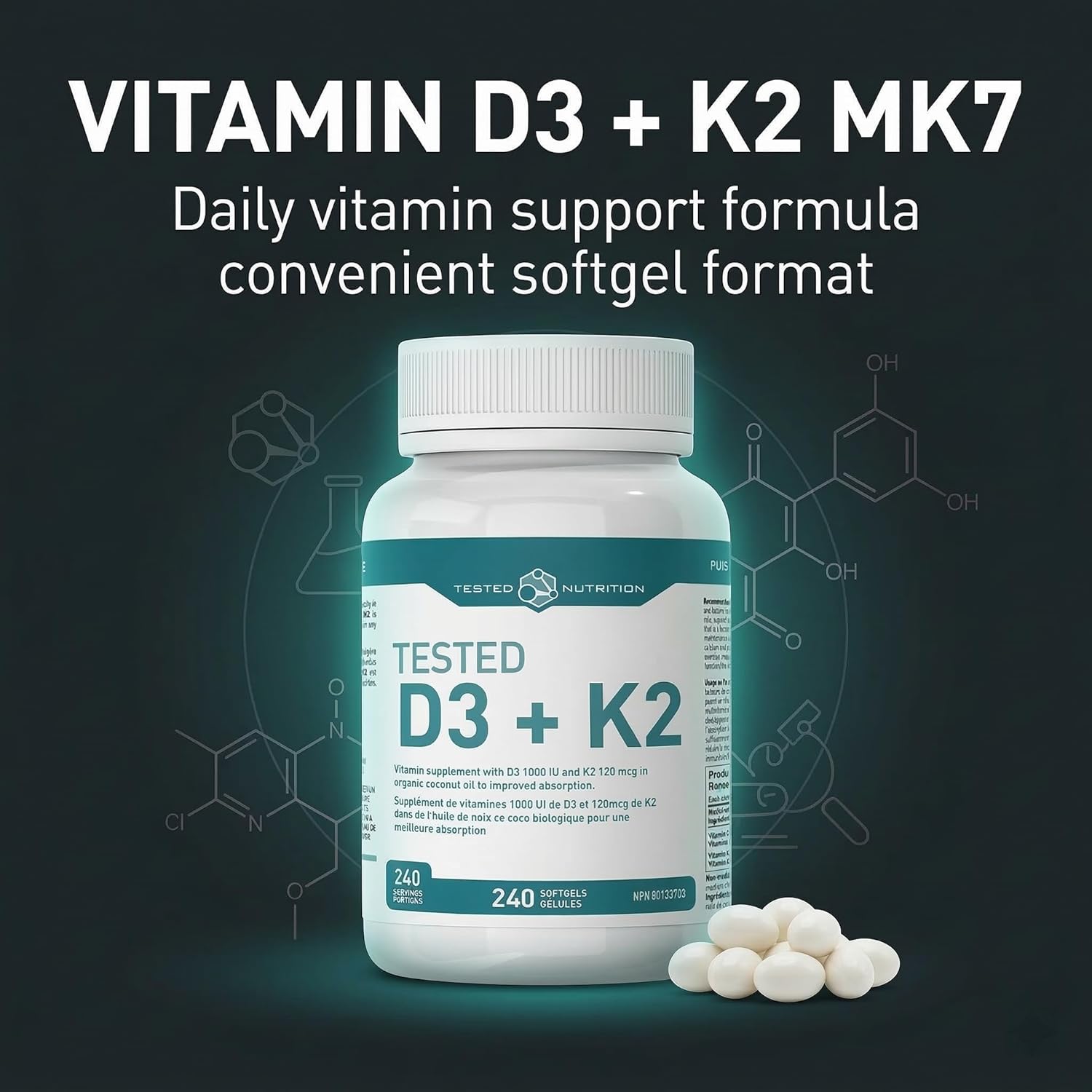D3 + K2 Softgels | 1000 IU Vitamin D3 & 120 mcg Vitamin K2 in Organic Coconut Oil | Improved Absorption, Immune Support, Cardiovascular Health Support | 240 Softgels