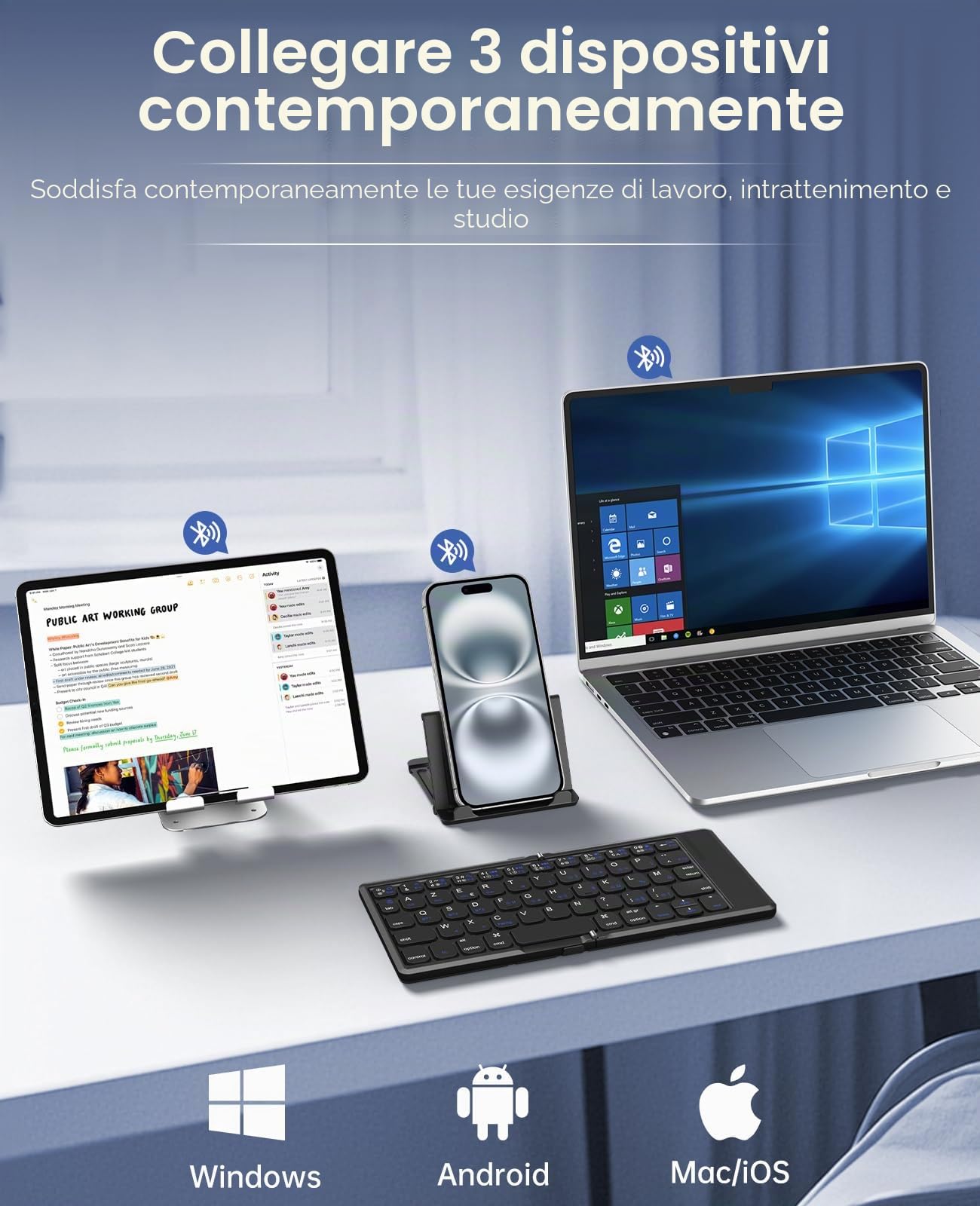 TiMOVO Tastiera Bluetooth AZERTY per Windows iOS Android Mac, Nero | Tastiera Portatile Ricaricabile per iPad, iPhone, Tablet e Smartphone, Mini Tastiera Senza Fili Pieghevole da Viaggio