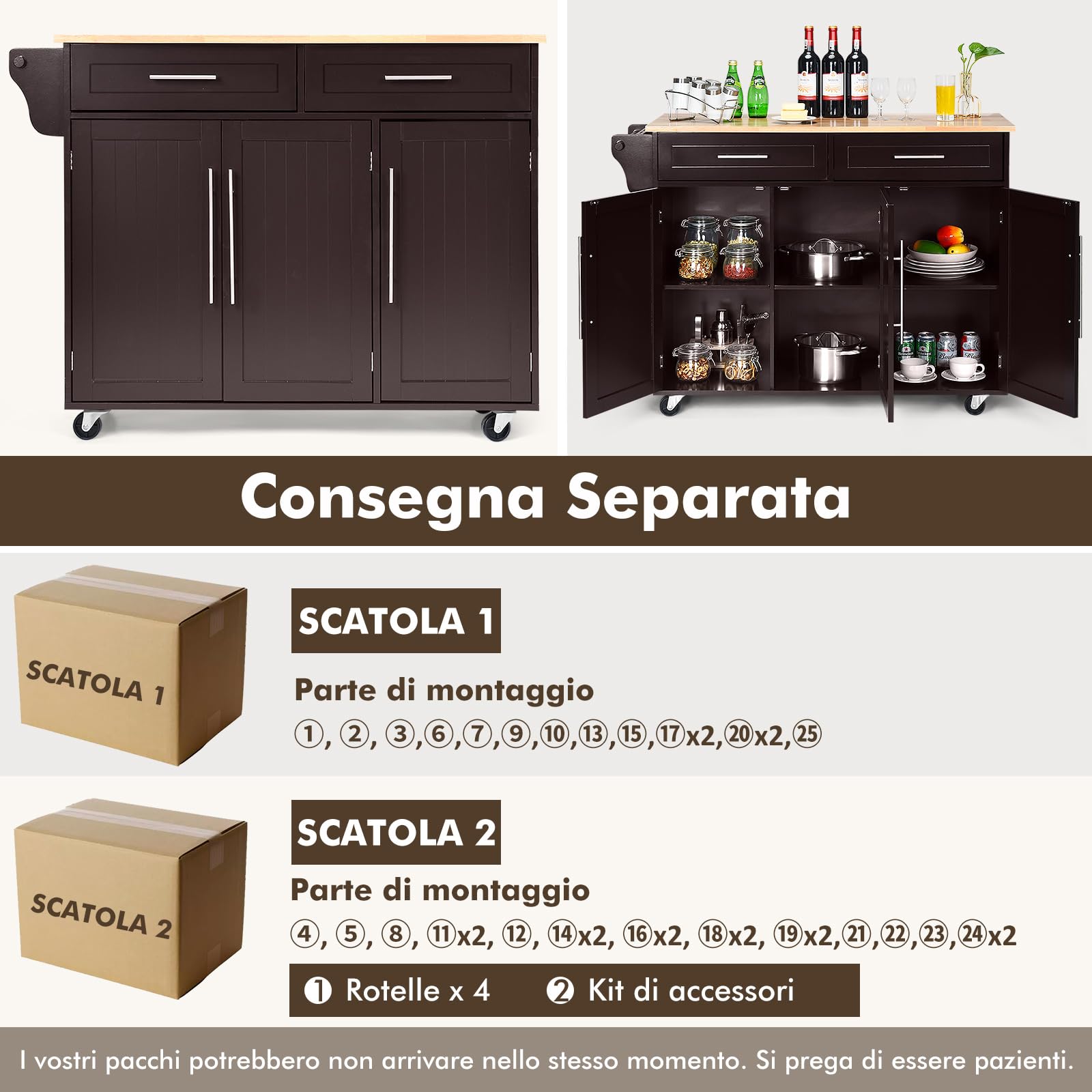 COSTWAY Carrello da Cucina, Carrello di Servizio con Ruote e Maniglia, 3 Ante e 2 Cassetti, Ideale per Cucina Ristorante Bar, 122x46x92,3 cm (Marrone)
