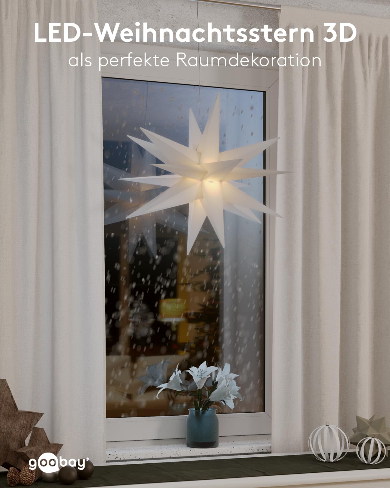 goobay 64788 Gwiazda bożonarodzeniowa LED 3D Ø 56 cm/gwiazda z 18 zębami i timerem/dekoracja bożonarodzeniowa/do nastrojowej atmosfery/zasilanie bateryjne/dekoracja ścienna/świecąca gwiazda /