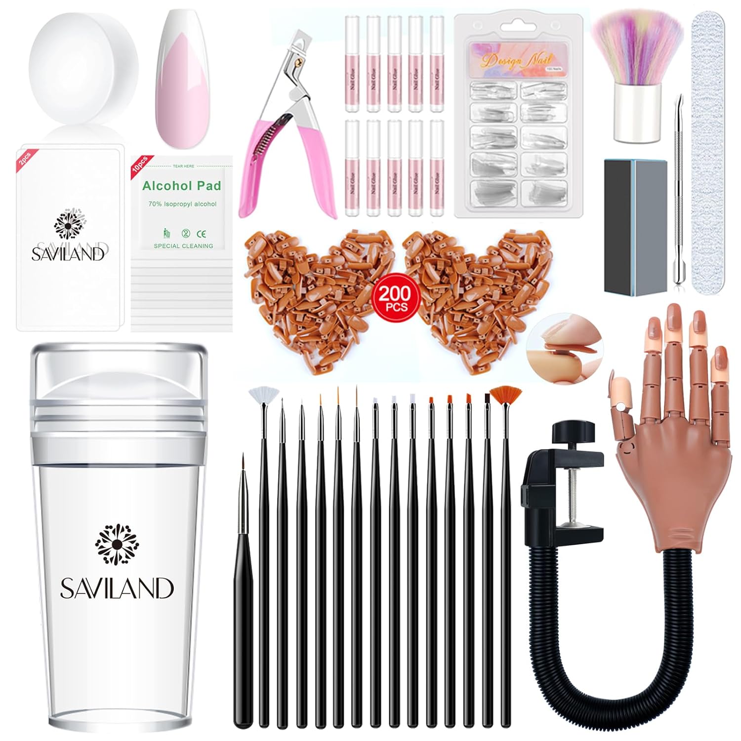 Saviland Nail Supplies with Practice Hand and 14PCS French Tip Nail Tool with Replaceable Stamper Head
