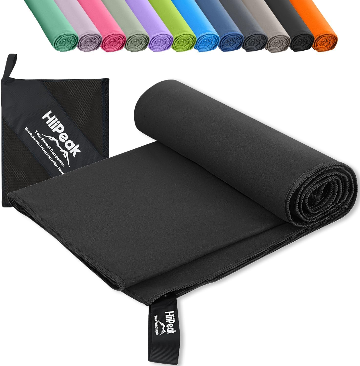 HiiPeak Microfibre Towel Compact Camping Beach Towel travel towels - Quick Dry Lightweight Absorbent Sports Gym Swimming Hiking Drying Towel for Men,Women (Black, L - 140cm x 70cm)