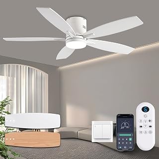 KNUN 52 Inch Flush Mount Ceiling Fan with Lights, Remote & App Control, Dimmable 3CCT, Quiet DC Motor, Reversible Blades - Low Profile Indoor/Outdoor