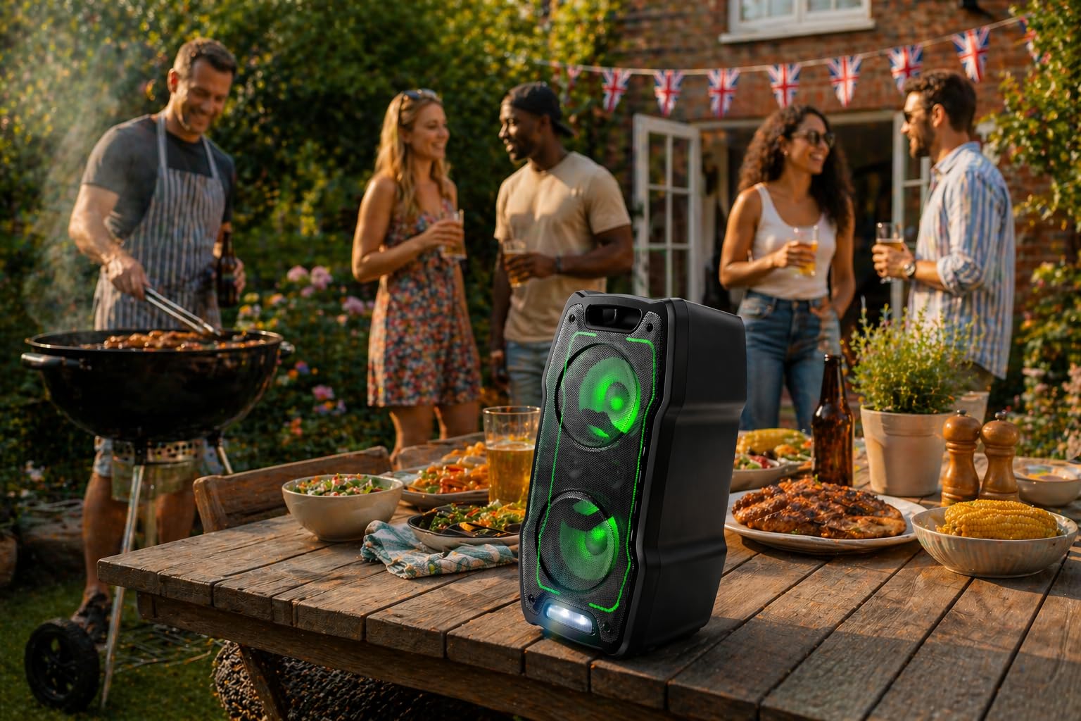 Sharp PS-931 Party Speaker, microfono, TWS, Bluetooth, 2xUSB, 2 porte da 6,3 mm per microfono e chitarra, luci multicolori, 180W P.maxima, batteria litio integrata con fino a 13 ore di riproduzione