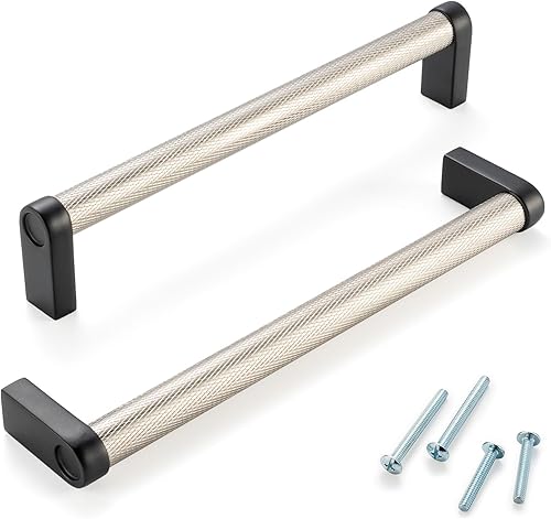 Miniatura 31 de Paquete de 5 tiradores de gabinete de 3–3/4 pulgadas estriado en negro y oro, manijas de gabinete mate en negro y oro cepillado AP1311, herrajes