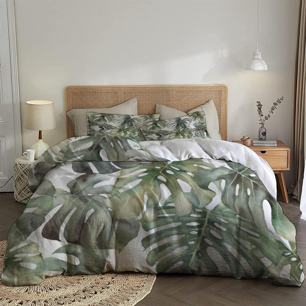 NIBAINLO 布団カバー水彩画 トロピカル モンステラ の葉 肌に優しい ピーチスキン加工 掛け布団カバー 和式 洋式 あったか 布団カバーセット リバーシブル ホームステイ ホテル 家庭兼用