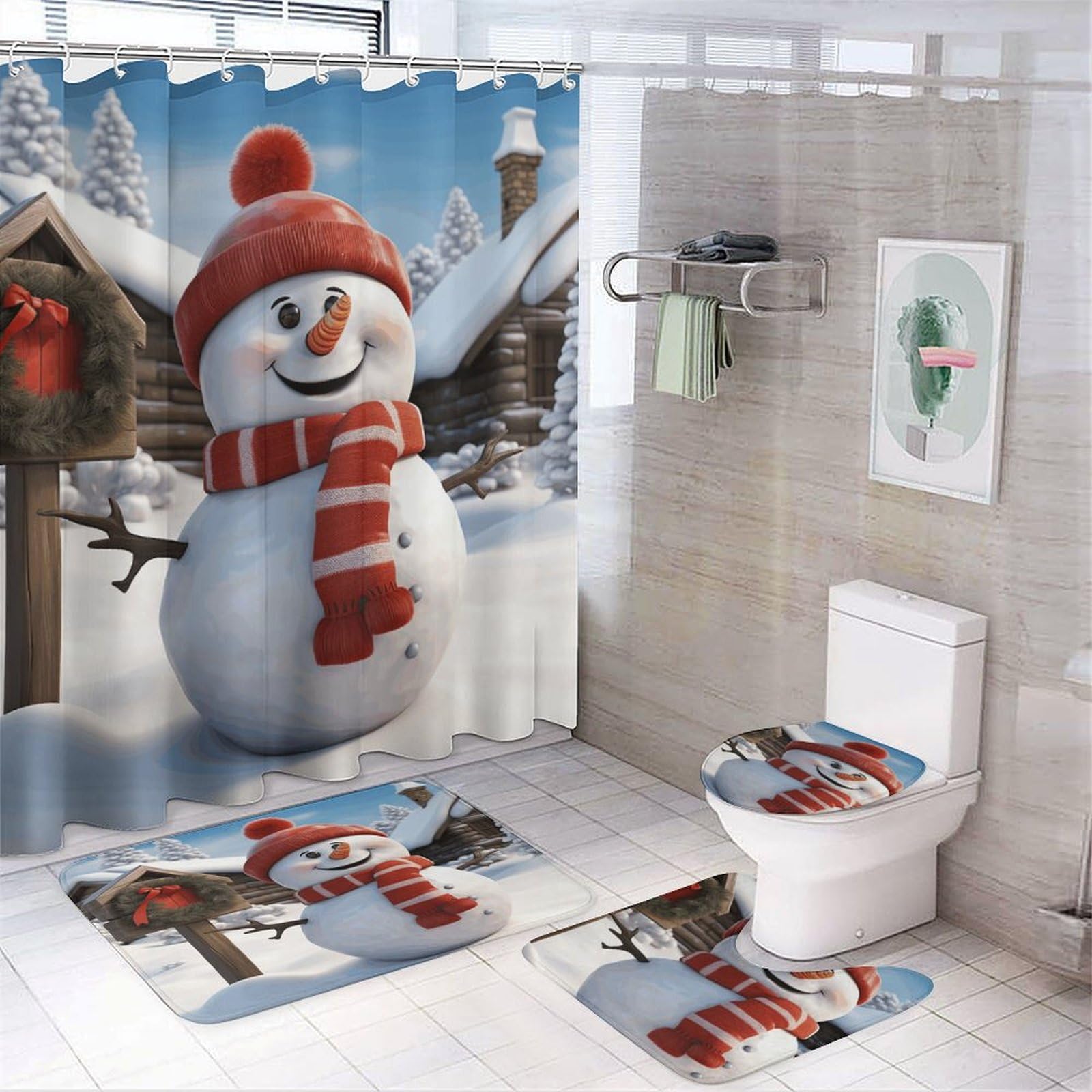 Ensemble de salle de bain bonhomme de neige 4 pièces avec tapis antidérapants et absorbants
