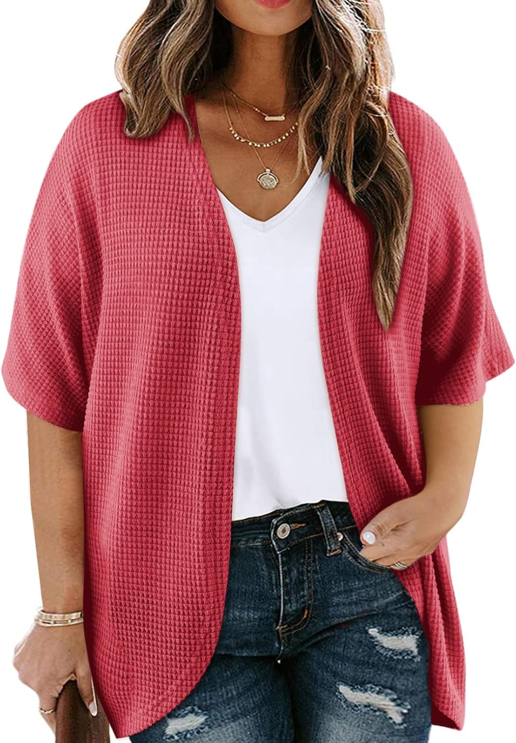 Eytino Womens Plus Size Cardigan Casual Short Sleeve Waffle Knit Kimono Open Front Tops(1X-5X)