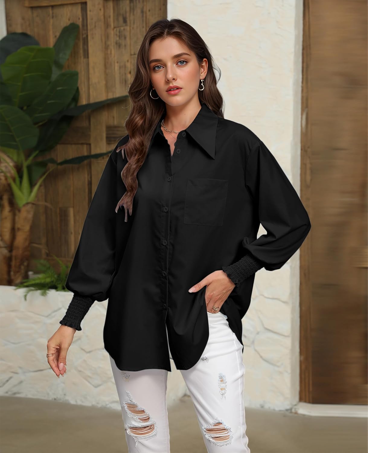 Womens Oversized Button Down Shirts Smocked Cuffed Ruffle Sleeve Boyfriend Blouses Collared Work Casual Top with Pockets - Image 7