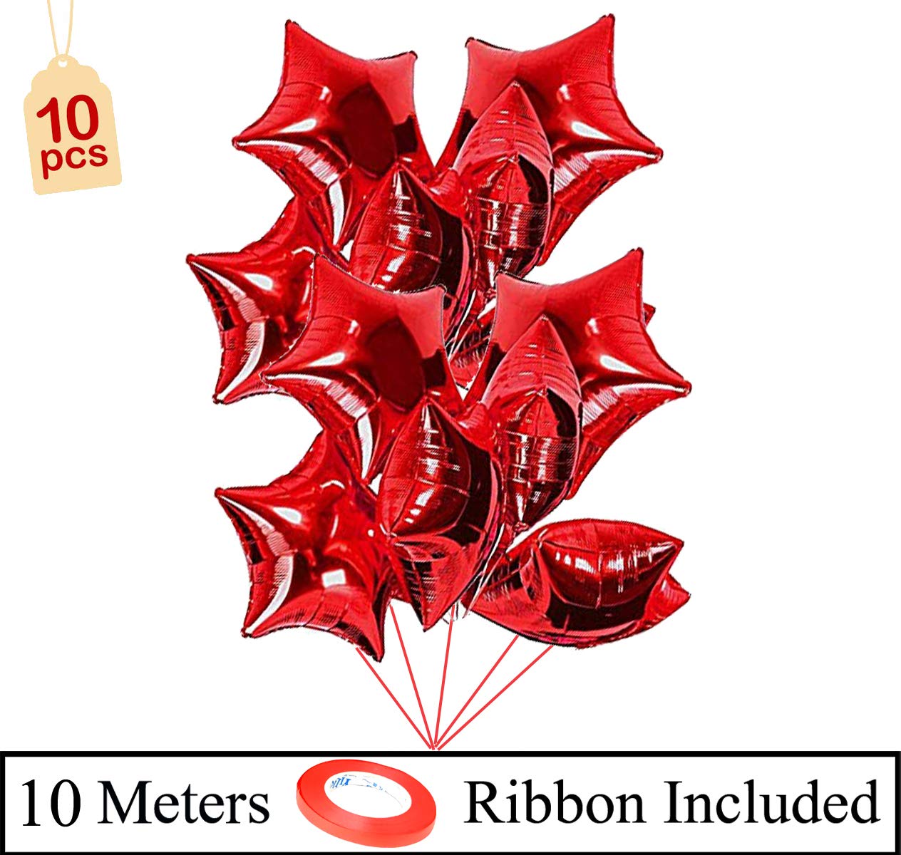 AMFIN® (Pack of 10) 18 Inch Red Star Shaped foil Balloon With Ribbon/Star shape balloons for decoration birthday balloons for decoration - Red