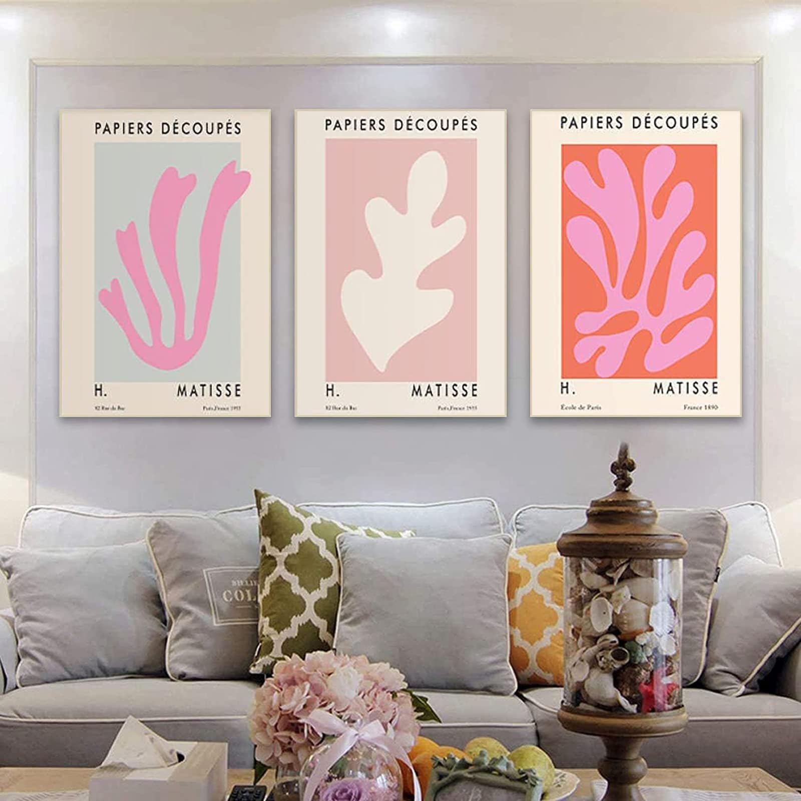 YUWONDESS Henri Matisse Prints Abstract Pink Leaf Canvas Painting Matisse Exhibition Poster Abstract Art Prints Aesthetic Pictures on Canvas 16 * 24 Inch*3 Unframed (B, 16 * 24 inch Unframed)