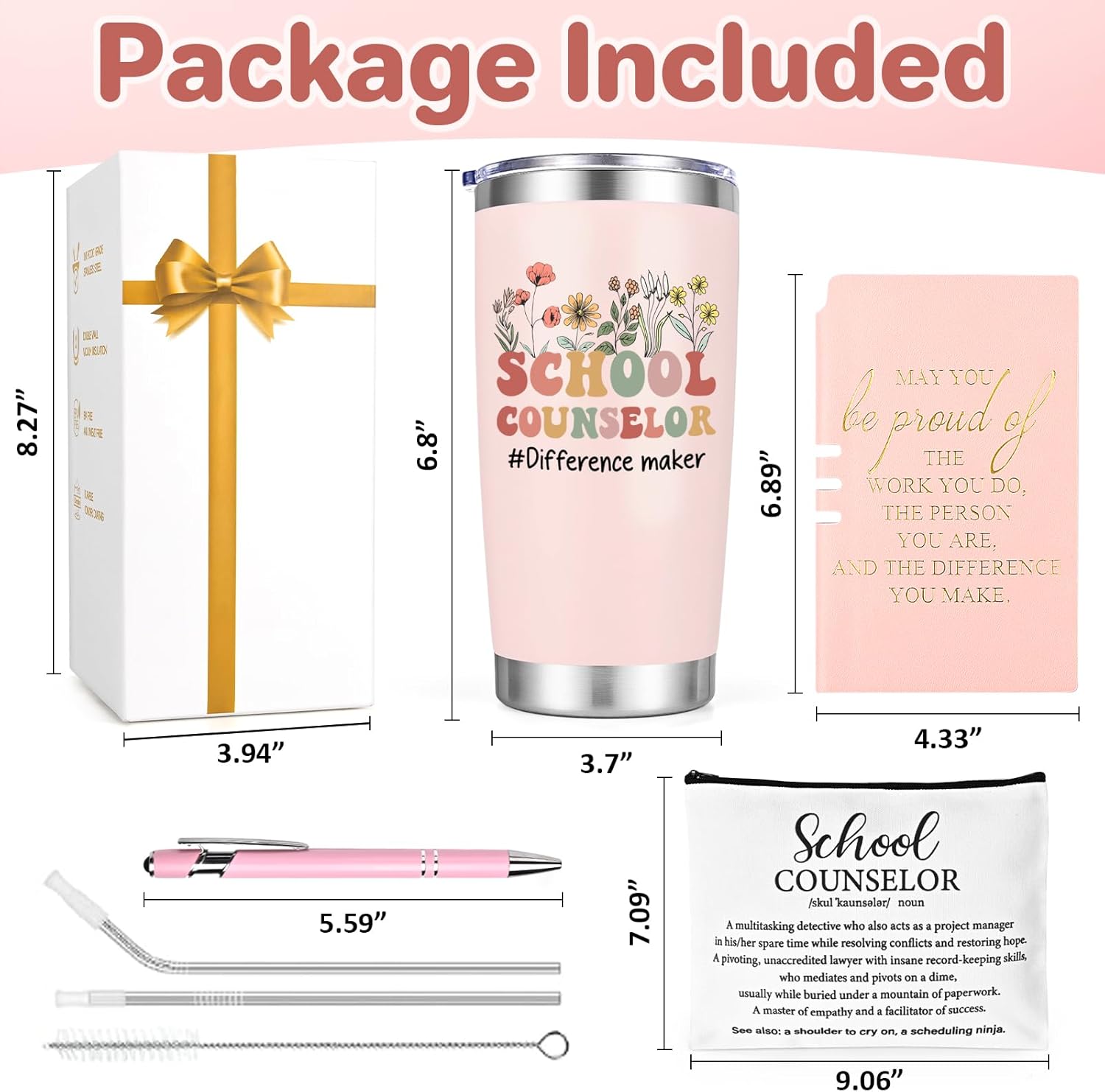 Lifecapido 4Pcs School Counselor Appreciation Gifts, 20oz Counselor Appreciation Insulated Tumbler with Lid & Straw, Makeup Bag, Notebook, Ballpoint Pen, Thank You Gifts for Educator Teacher(Pink) - Image 5