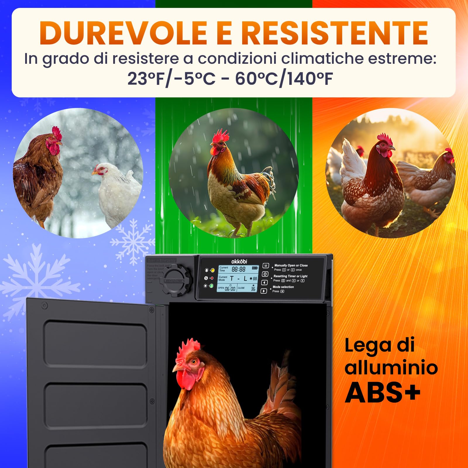 Okkobi Porta Automatica Pollaio Solare - Porta Pollaio con telecomando, Sensore di luce e Timer - Sicurezza e tranquillità: Funzione Antipizzicamento - PRO Version - Display LCD - Protezione di 5 anni