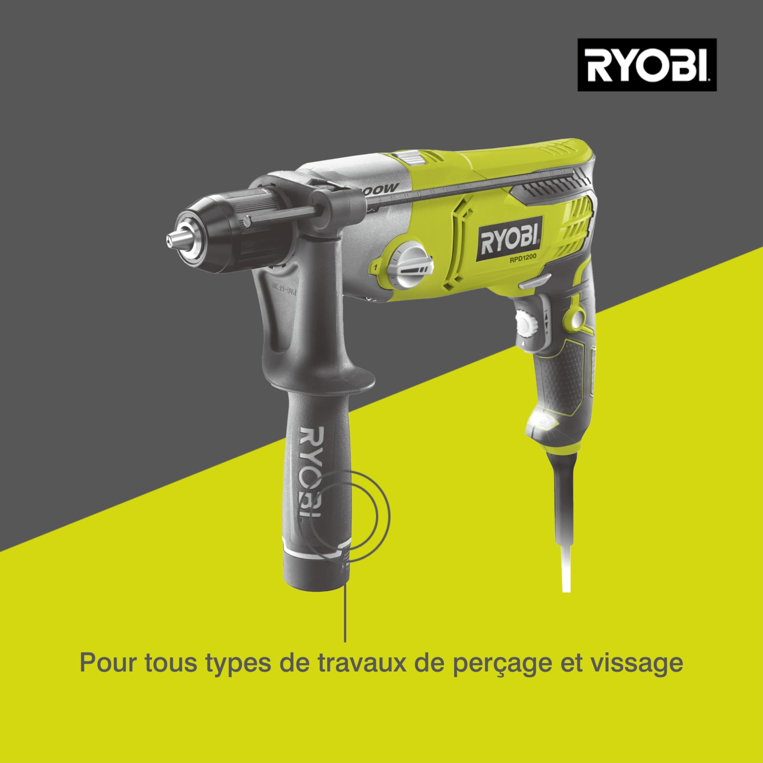 RYOBI - Perceuse à Percussion 1200W RPD1200-K – Mandrin 13mm, Poignée Latérale, 2 Vitesses, Idéale Travaux Lourds Béton, Pierre, Métal