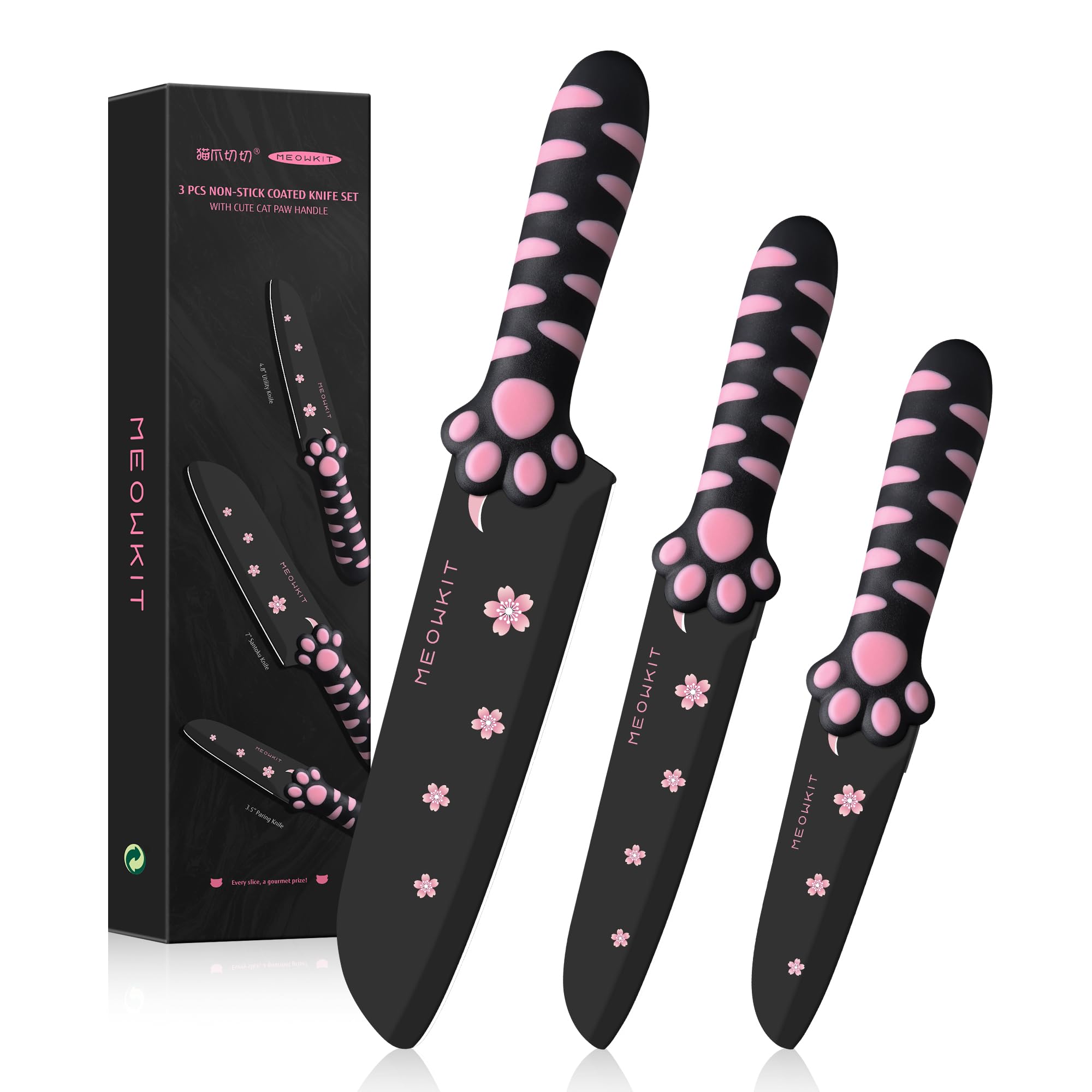 Messerblock Set, 5-teiliges Schärfer Küchenmesser Set Edelstahl, Süßes Messerset mit Abnehmbarem Block und Schere Katzenform, Schwarz Rosa