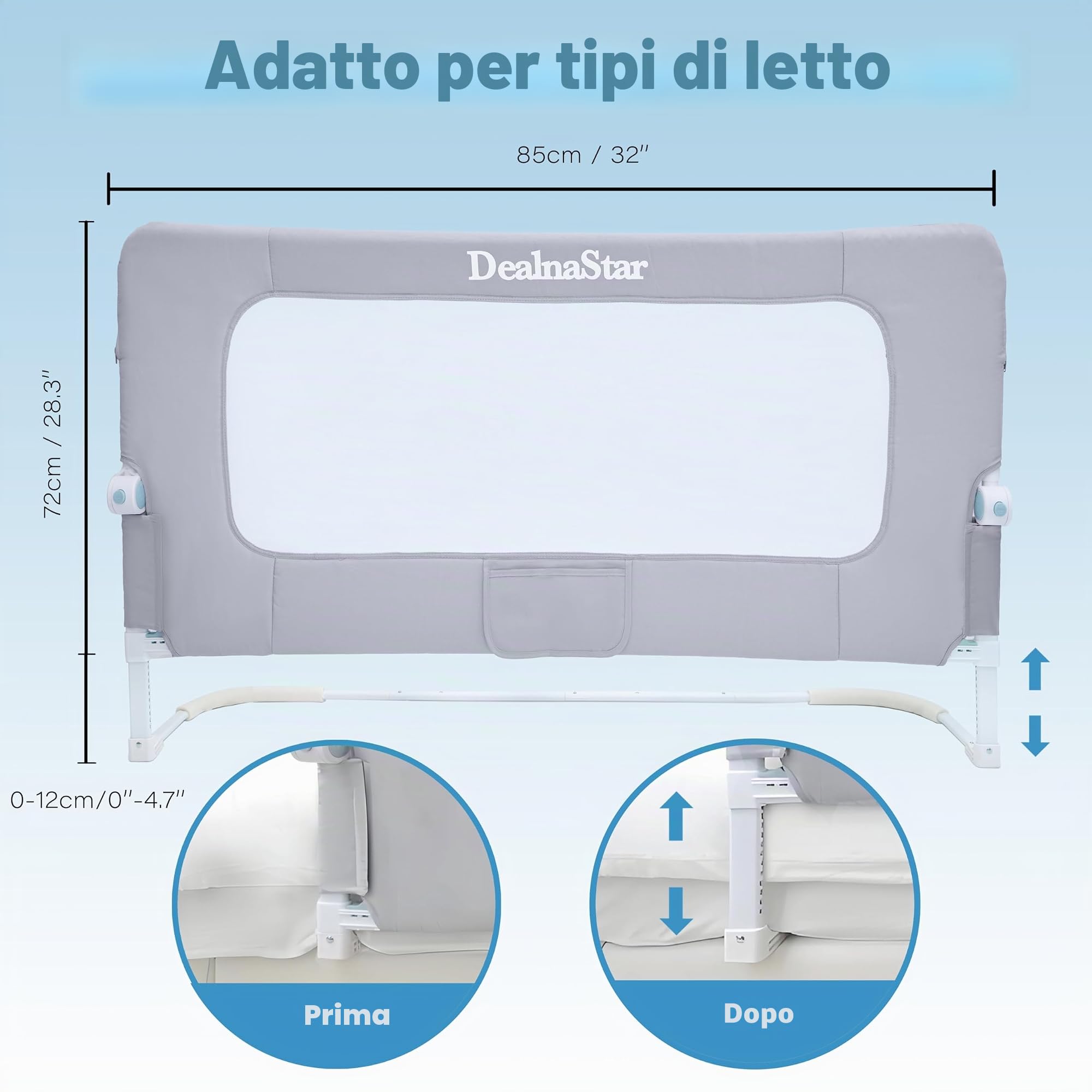 Sponda per letto per bambini, pieghevole, 32in / 85 cm di altezza, regolabile, protezione di sicurezza per bambini, universale, per letti doppi/matrimoniali/king/queen size.