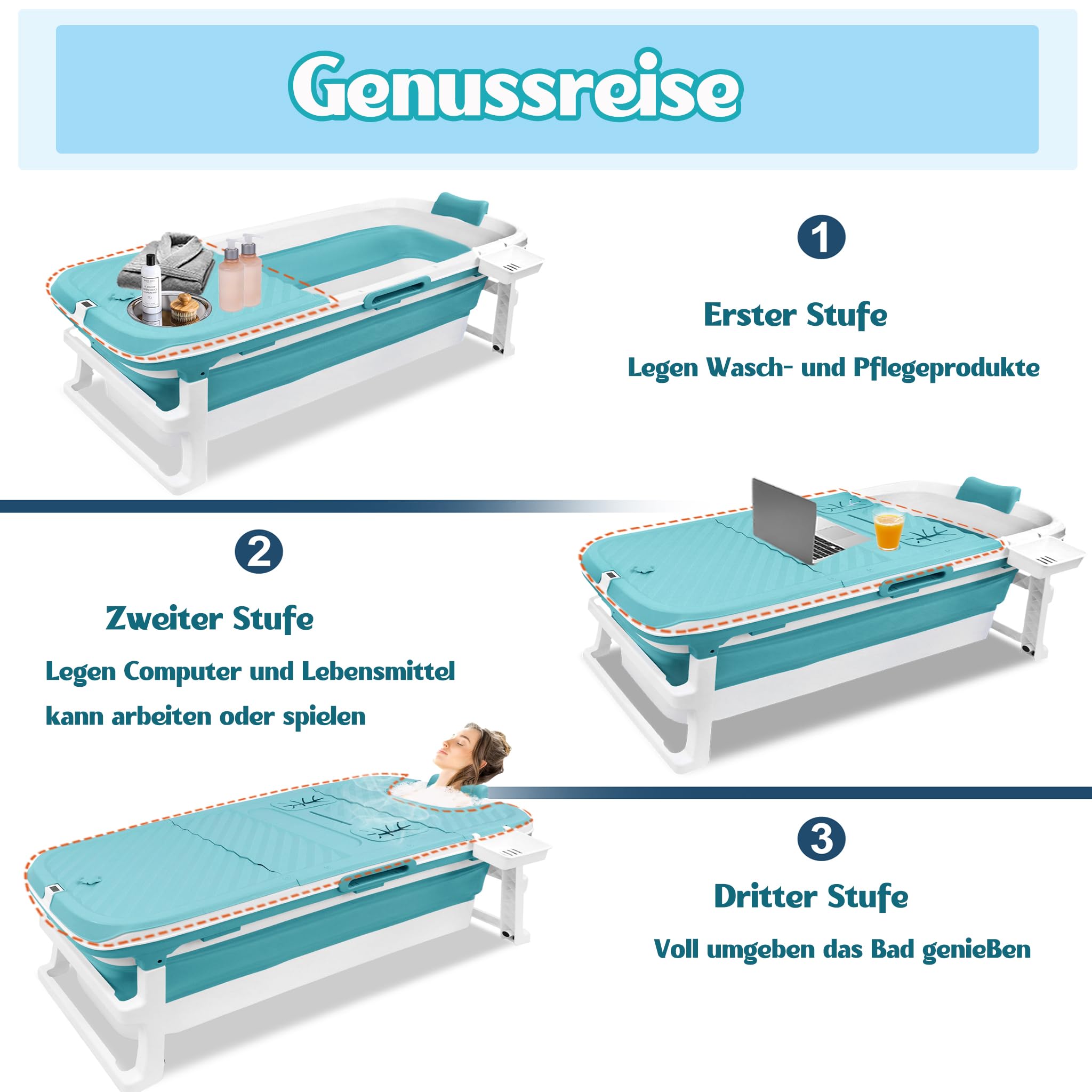 LZQ Vasca da bagno pieghevole per adulti con indicatore di temperatura, vasca da bagno pieghevole con coperchio, per bagno, doccia e balcone, 132 x 61 x 54 cm