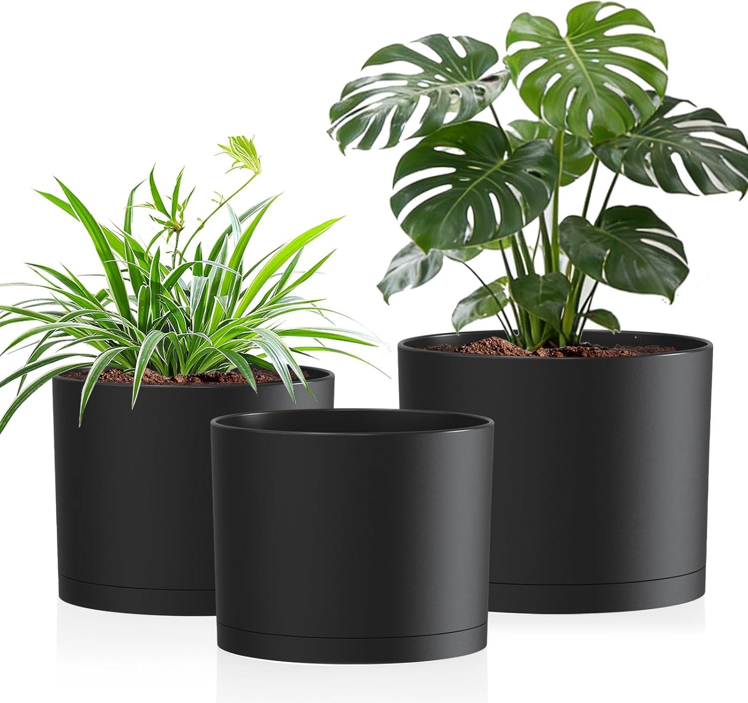 10/9/8 Inch Large Plant Pots with Drainage Holes and Trays, 3 Pack Modern Minimalist Cylinder Planters for Monstera, Snake Plant, Indoor Outdoor (Matte Black)