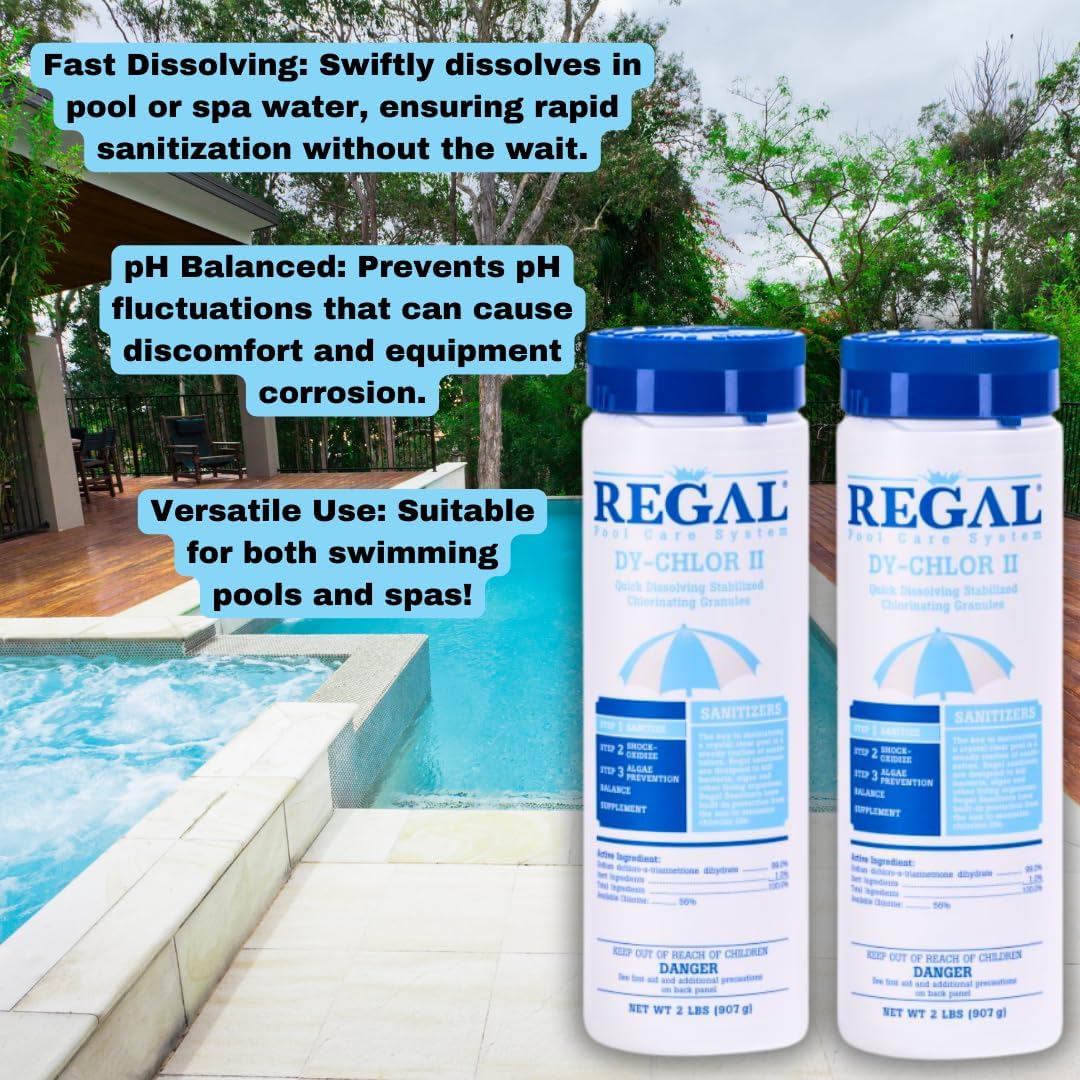 Regal Dy-Chlor II Granular 2-Pack, 4lbs for Swimming Pools & Spas - Fast Dissolving, pH Blanaced Sanitizer - 4LB