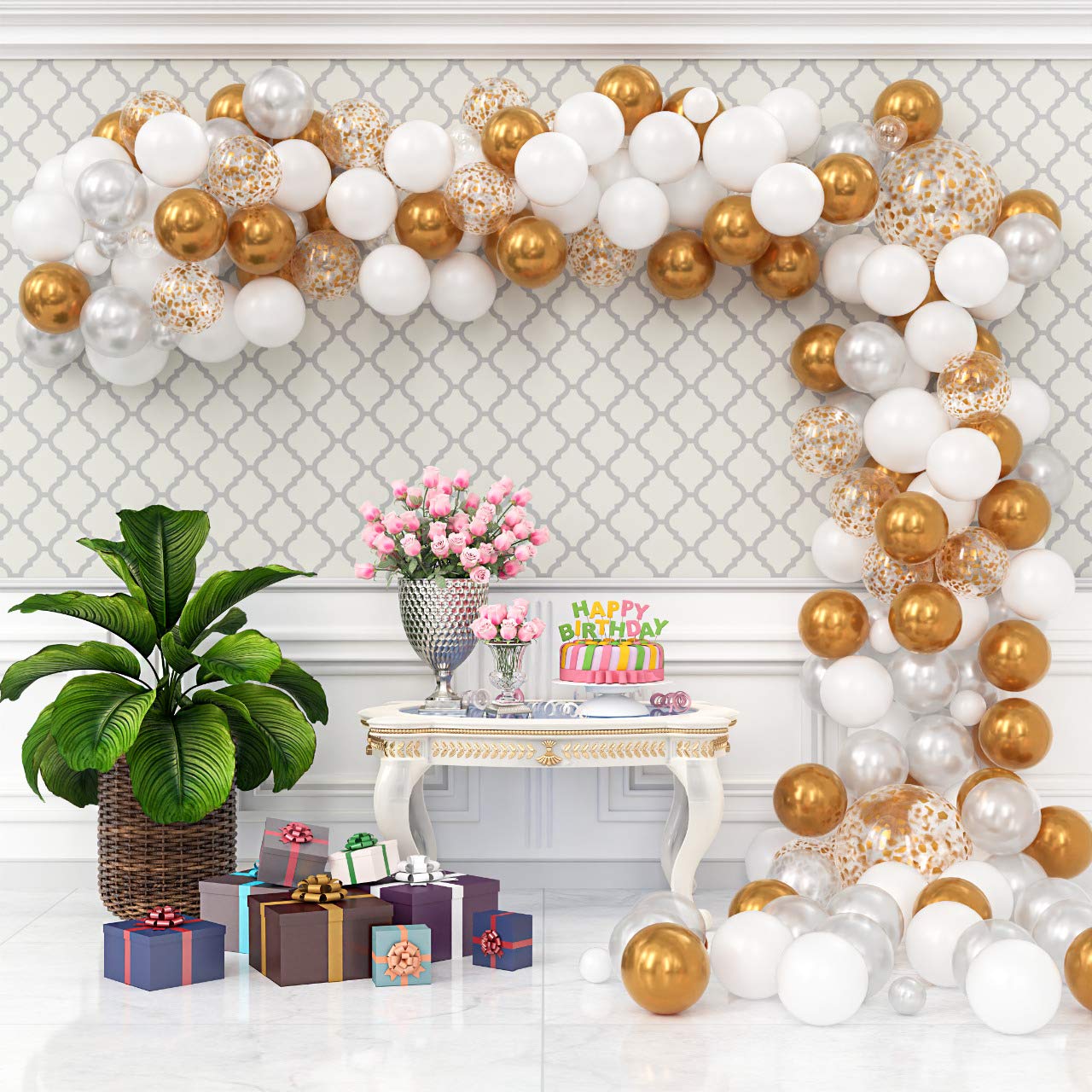 Vivuzono Balloon Garland Kit Arch Assorted Size Balloons Gold Clear White Strip Tape Ribbon Tying Tool Party Graduation Shower Supplies