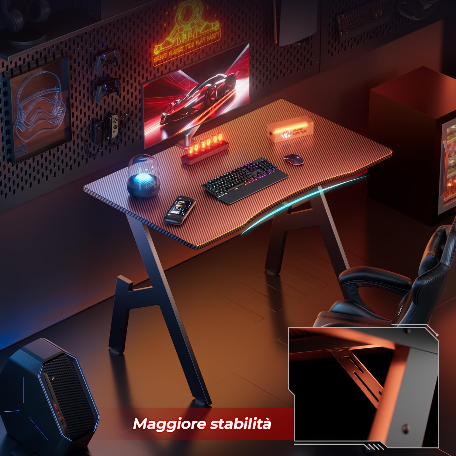 HLONONE Tavolo da gaming, 80 x 50 cm, tavolo per PC con piano monopezzo, nero | Scrivania da gioco ergonomica con superficie in fibra di carbonio, struttura in metallo stabile, per gaming e ufficio