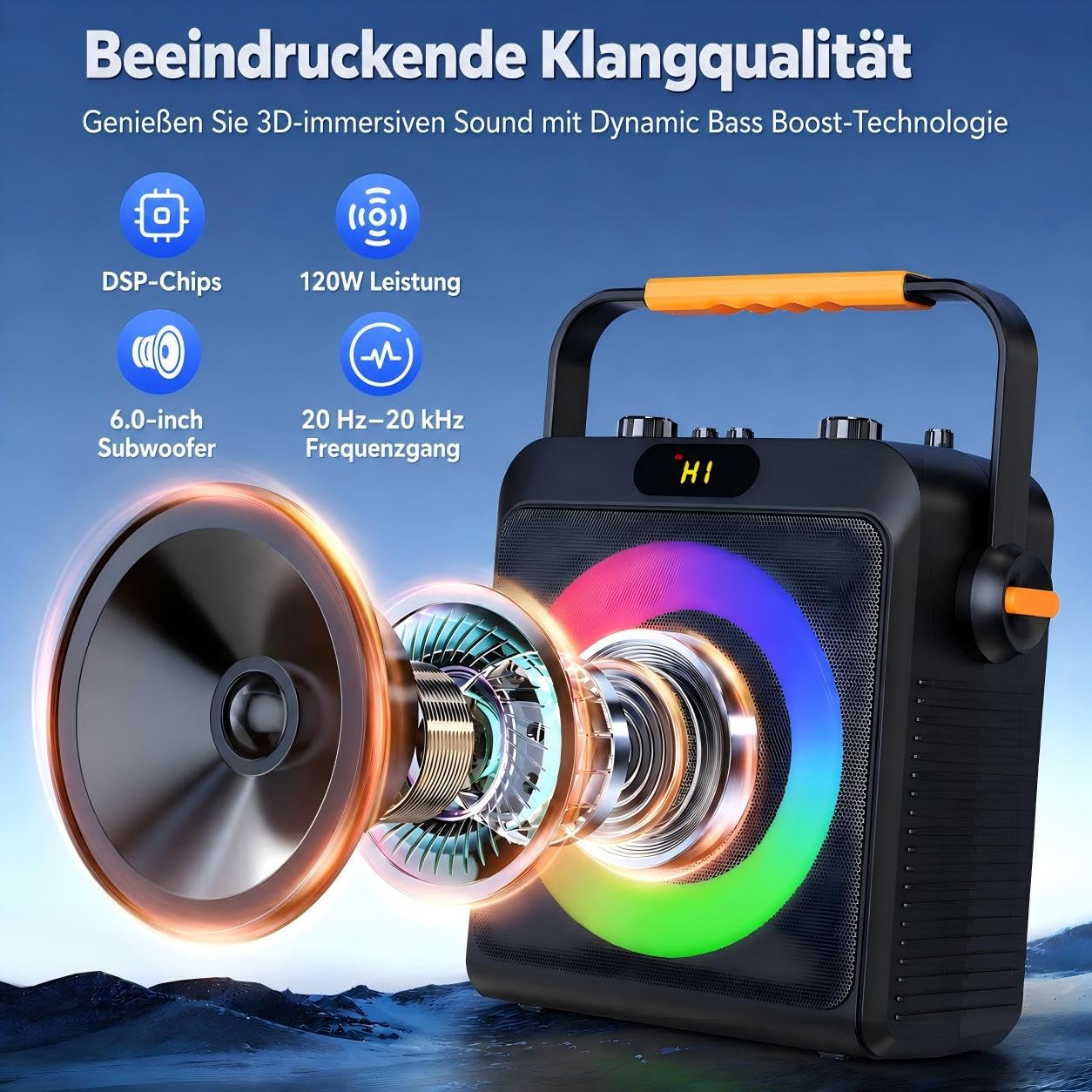 JYX Karaoke Anlage mit 2 Mikrofonen Ohne Verzögerung, Einstellbare Bässe & Echo für klaren Sound, 120W Leistung, Bluetooth 5.3, USB/AUX/TF, Ideal Für Familienfeiern, Partys & Outdoor-Aktivitäten