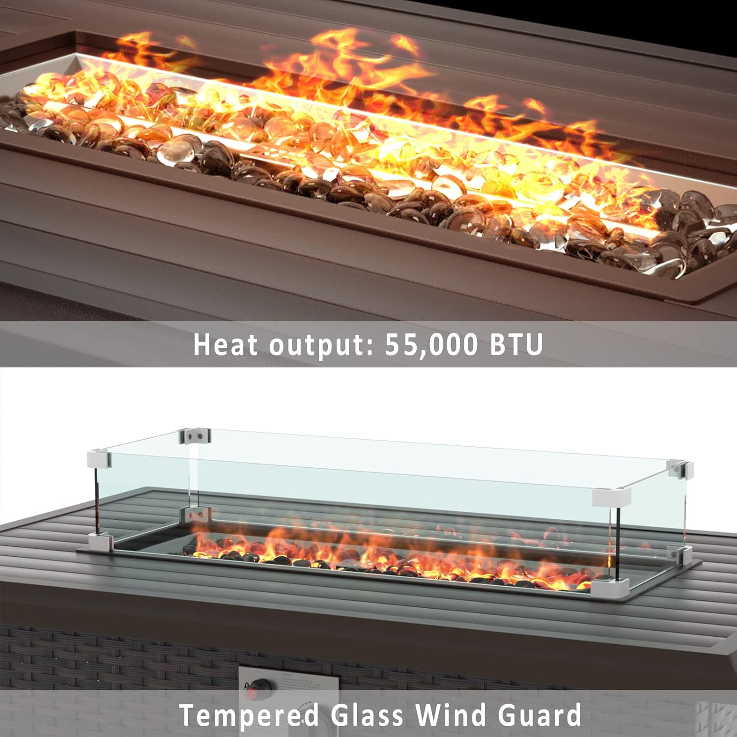 ALAULM Outdoor Propane Gas Fire Pit Table 43in,55,000 BTU with Rectangular Tabletop,Auto-Ignition,Adjustable Flame,Windshield,Brown PE Rattan & CSA Certification
